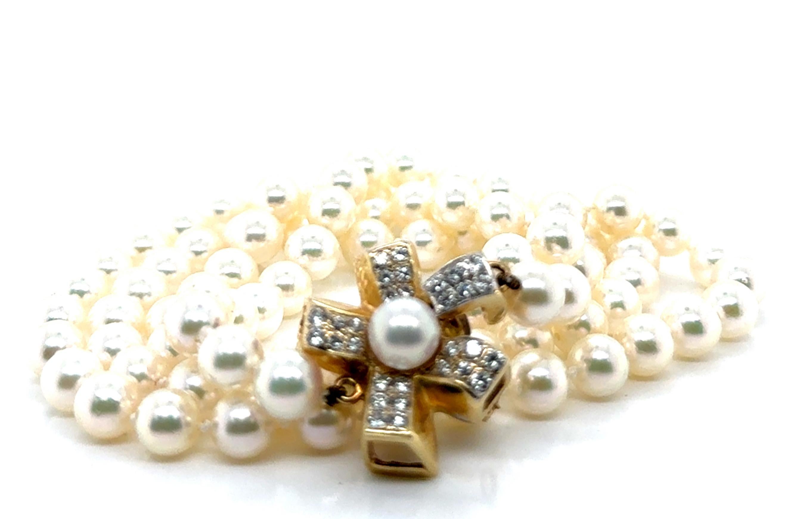 Perlenkette Strang von Perlen 6,5 mm .50ct Diamant Pin Back Verschluss 14K Gelb gehen (Rundschliff) im Angebot