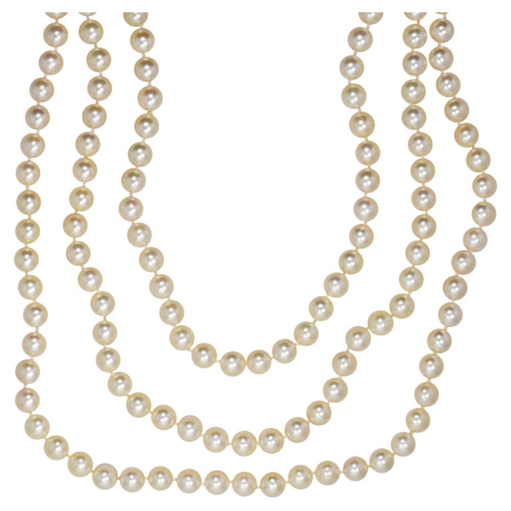 Art Deco Triple Strand Pearl Diamond Necklace, circa 1920 at 1stDibs