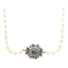 Pearl Necklace w/ Sterling Silver Gold Backed Victorian Sapphire 
Diamond Clasp