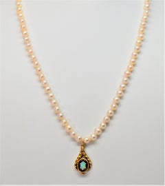 Pearl Necklace with 14 Karat Antique Style Opal Charm Pendant
