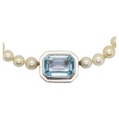 Pearl Necklace with 14 Karat White Gold Clasp and Large Aquamarine