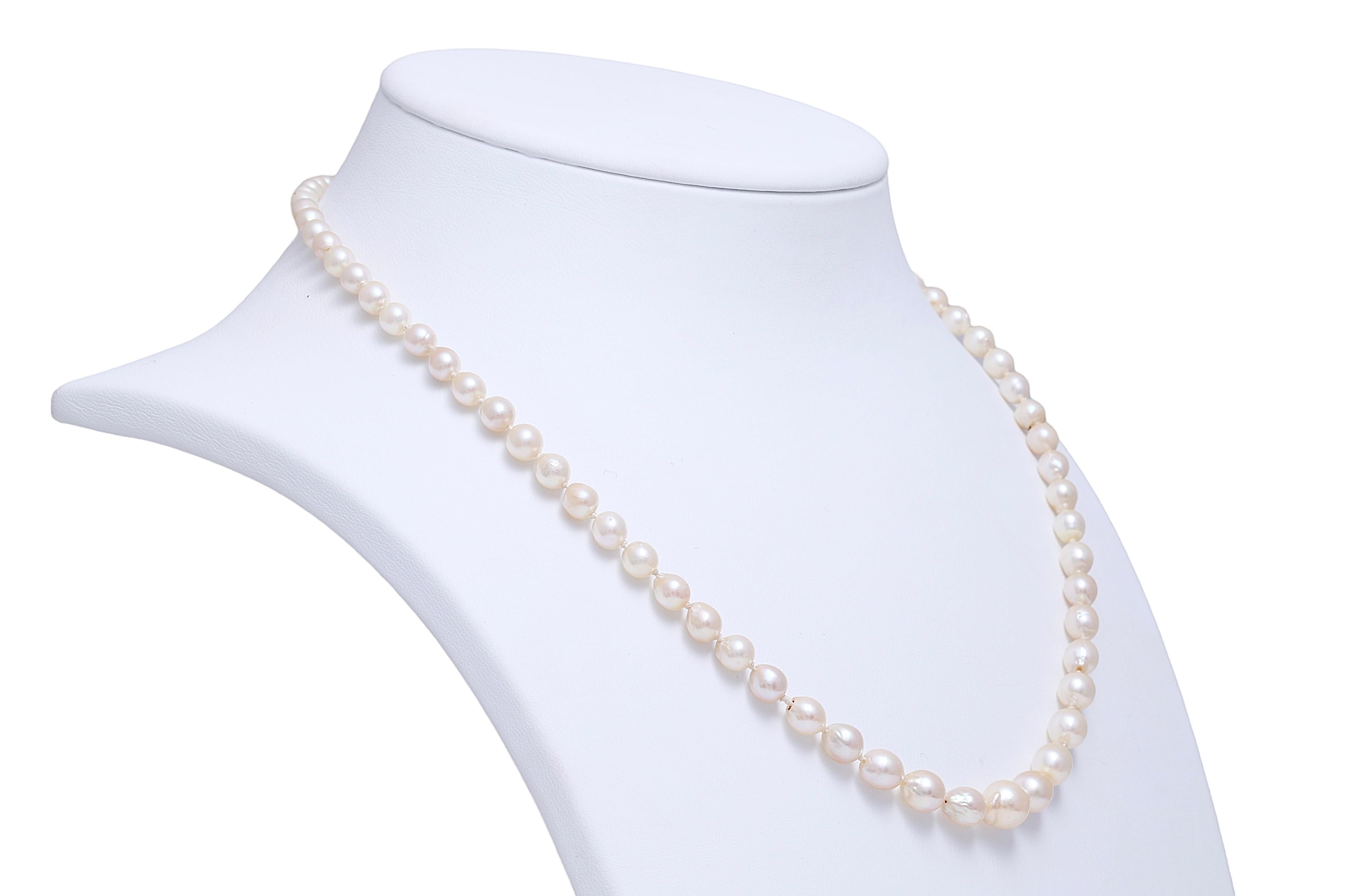 Old European Cut Pearl Necklace with Akoya Pearls & Platinum With Diamond Locker For Sale