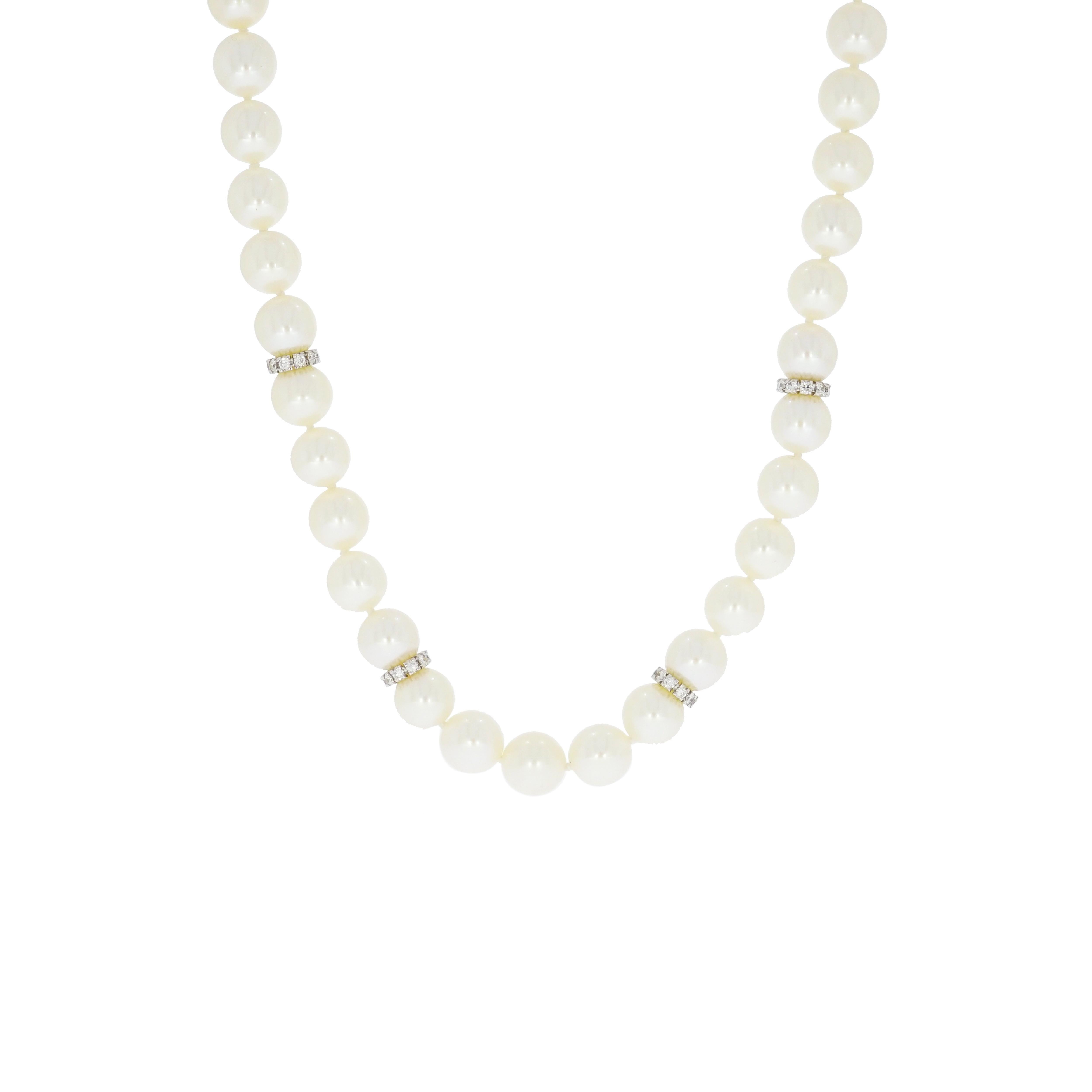 You've heard it before and you'll hear it again - pearls are timeless. 
There are many iterations of the classic pearl, but a one-of-a-kind version is sure to impress.
This precious pearl necklace features sixty one 7mm pearls with 4 diamond