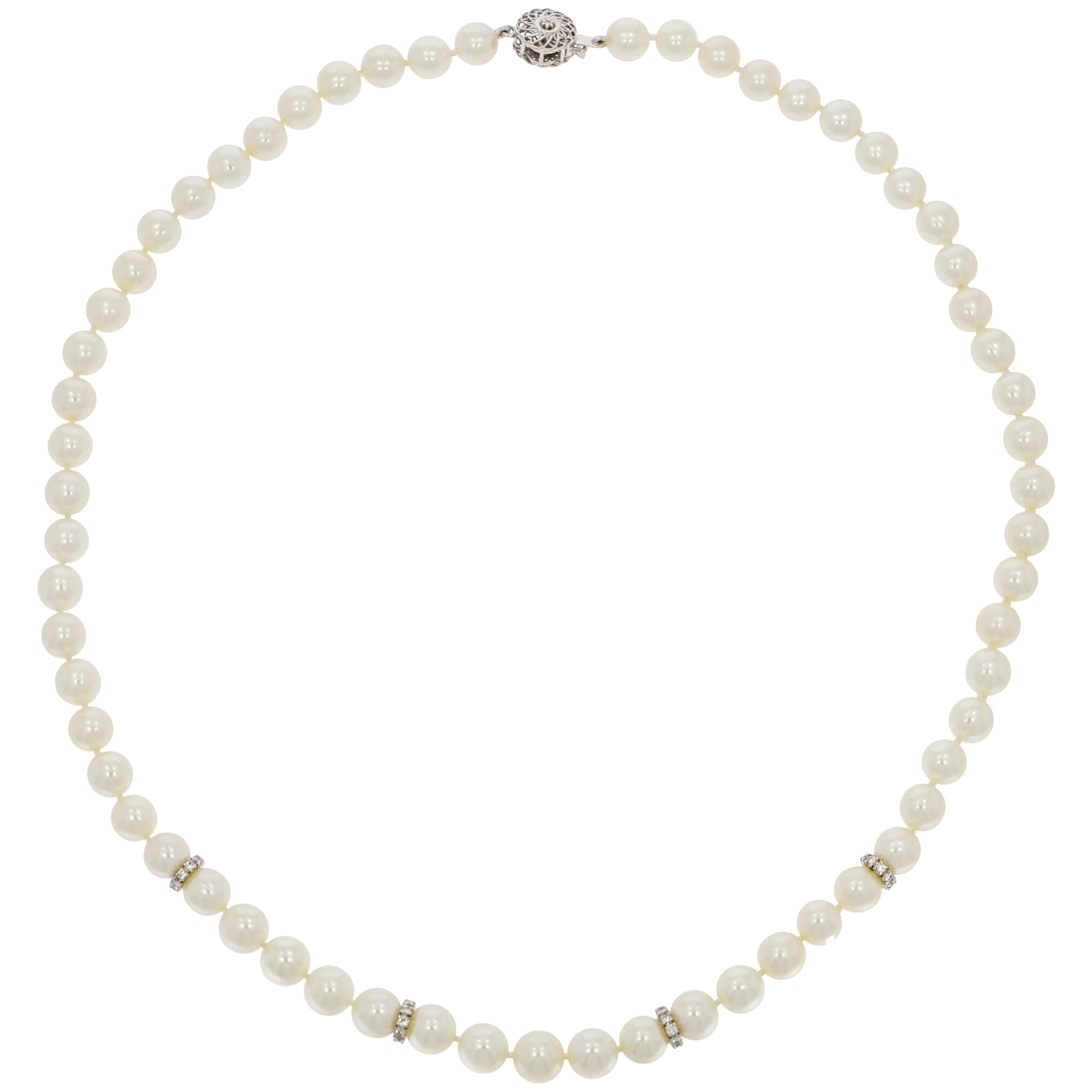 Pearl Necklace with Diamond Roundels Accent