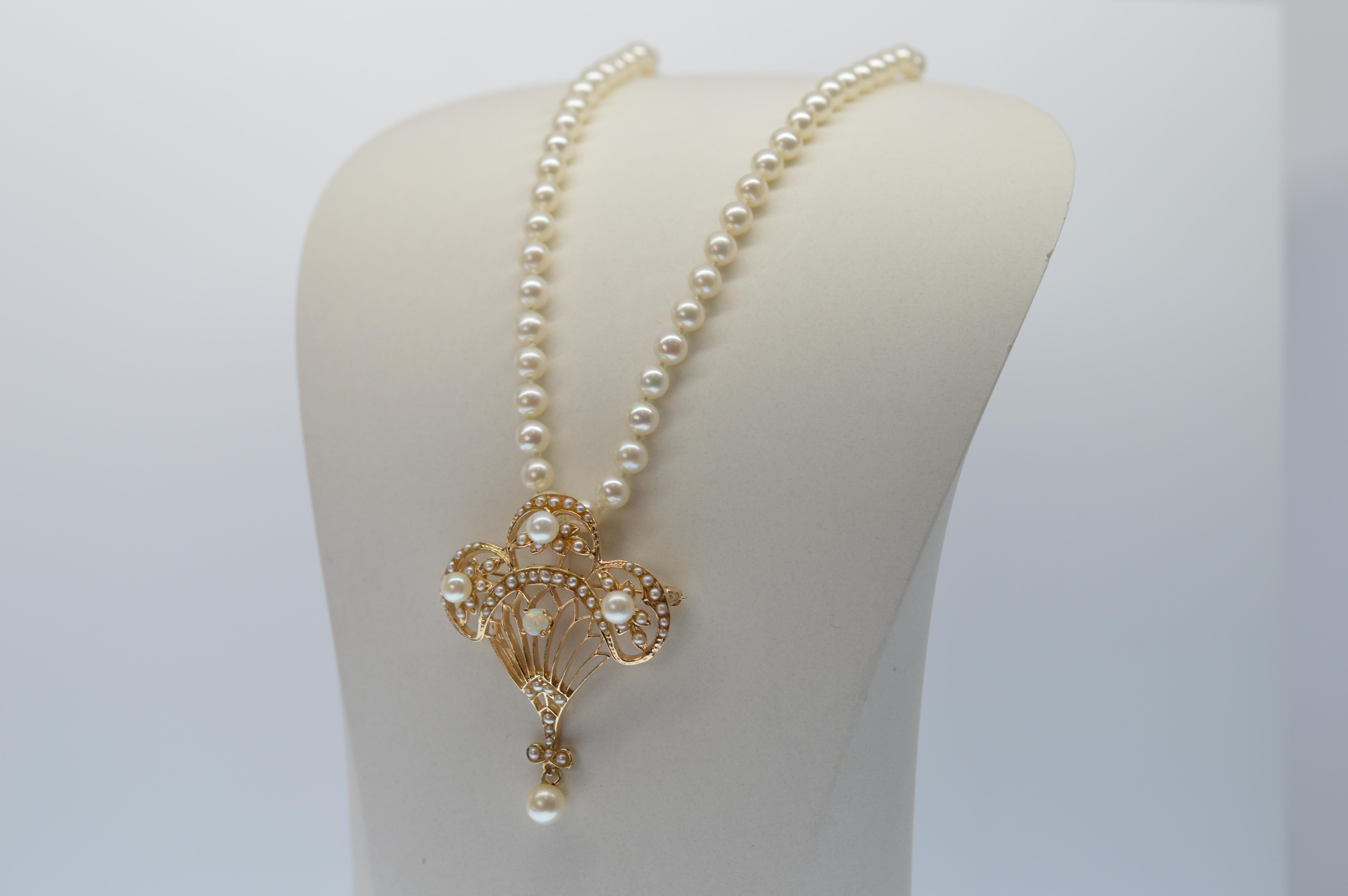 Pearl Necklace with Fancy Antique Style 14K Gold, Opal & Pearl Pendant Brooch  In Excellent Condition In Mount Kisco, NY