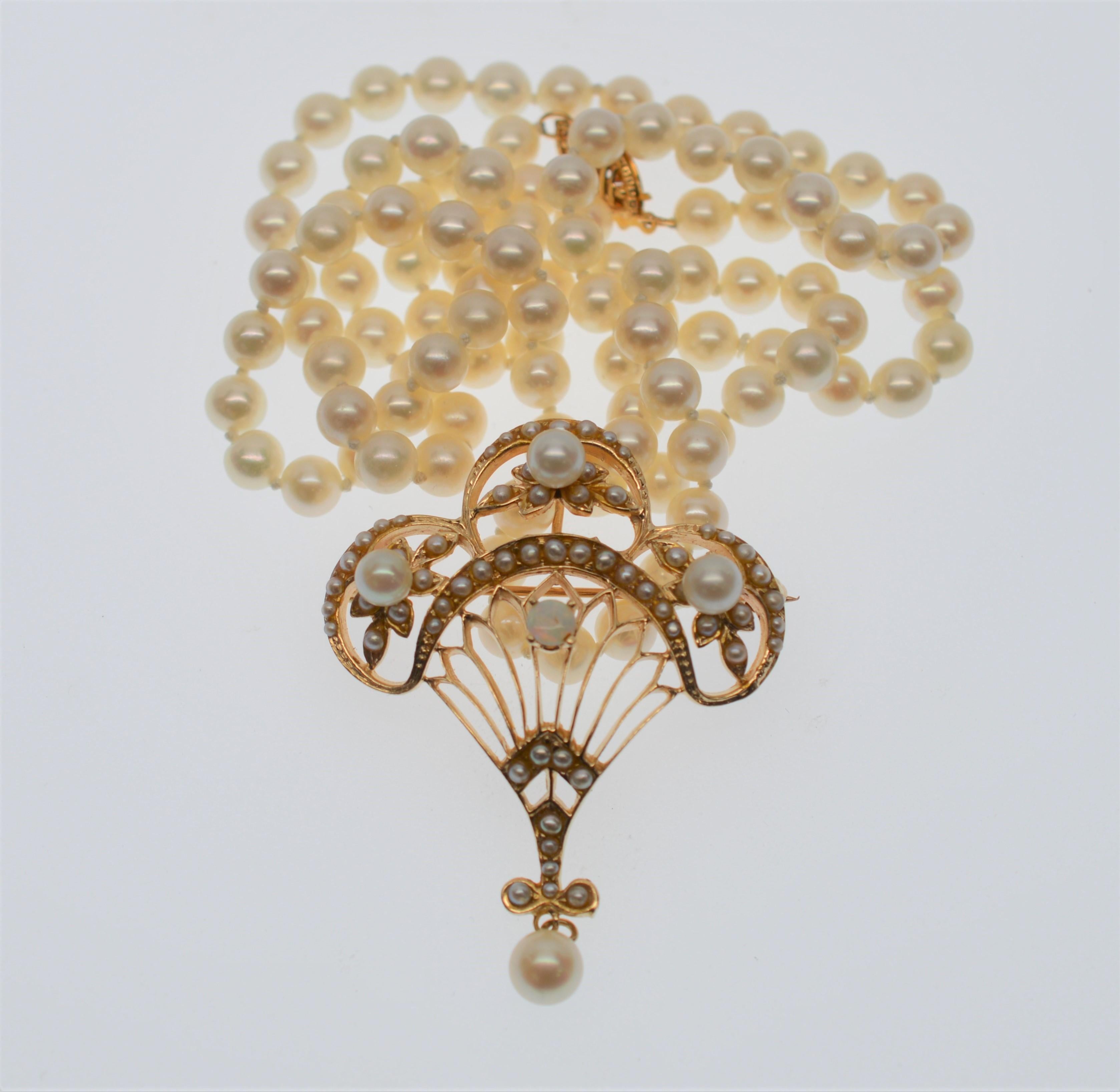 Women's Pearl Necklace with Fancy Antique Style 14K Gold, Opal & Pearl Pendant Brooch 