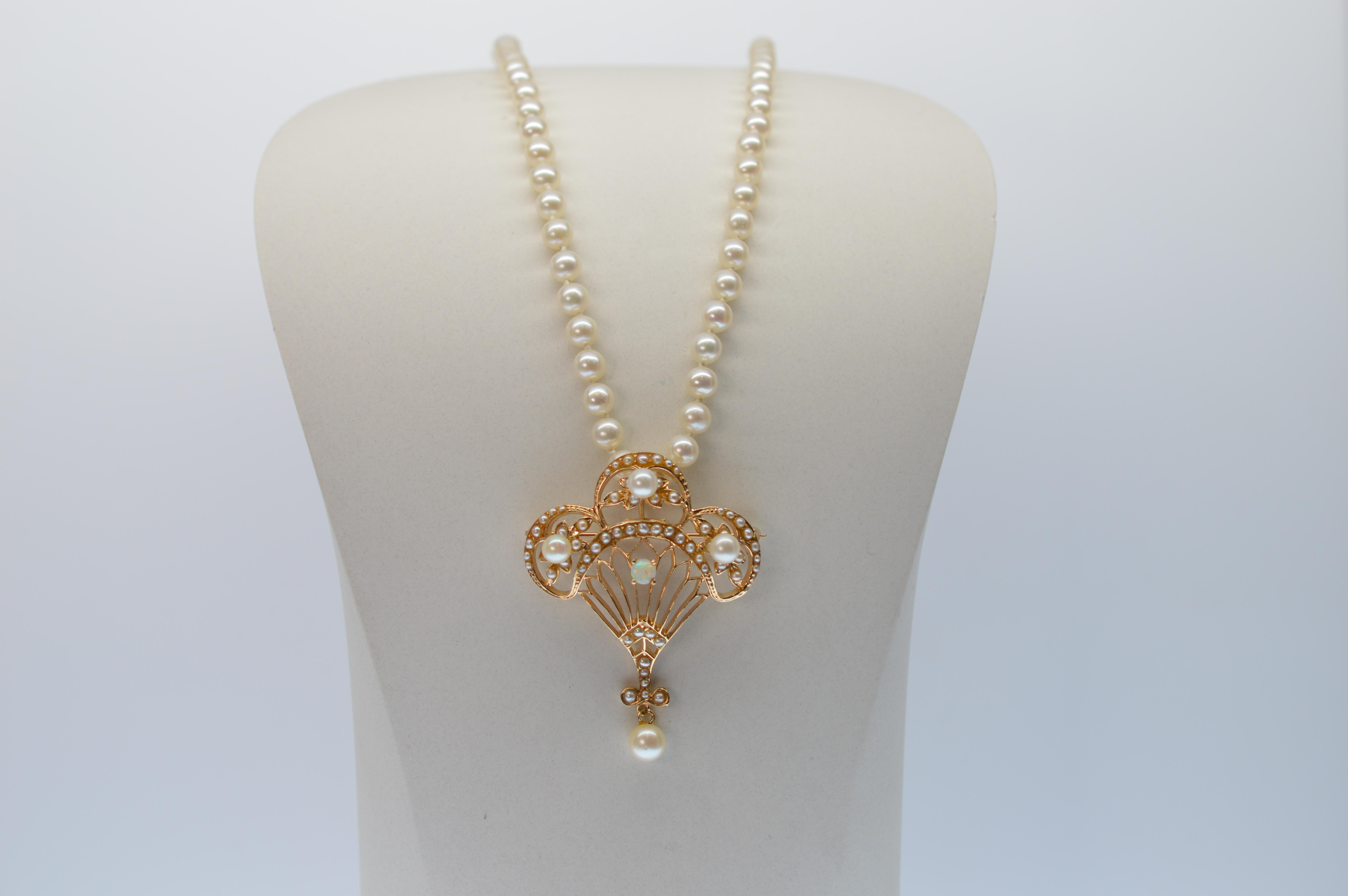 Pearl Necklace with Fancy Antique Style 14K Gold, Opal & Pearl Pendant Brooch  1