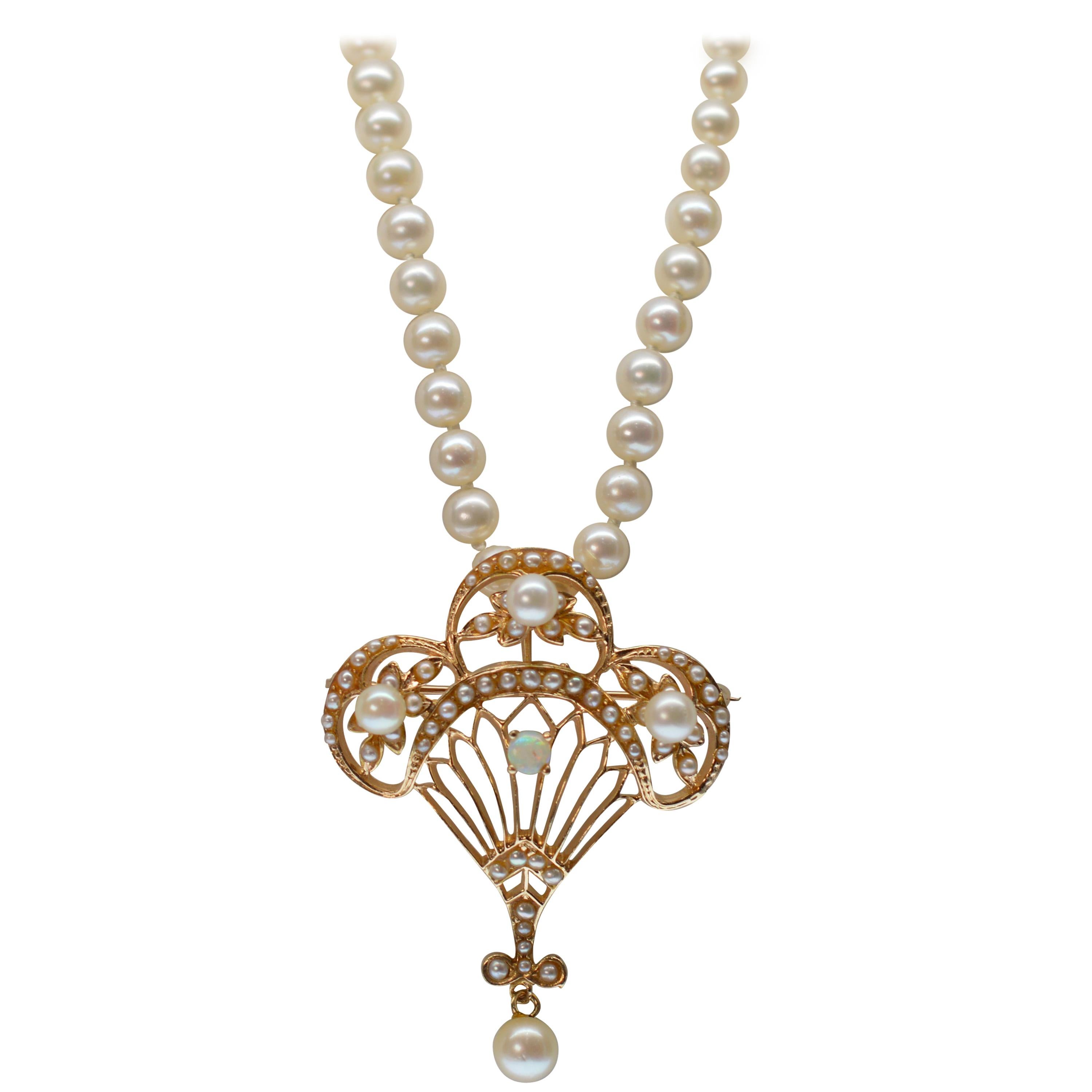 Pearl Necklace with Fancy Antique Style 14K Gold, Opal & Pearl Pendant Brooch 