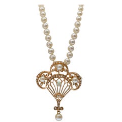 Pearl Necklace with Fancy Antique Style 14K Gold, Opal & Pearl Pendant Brooch