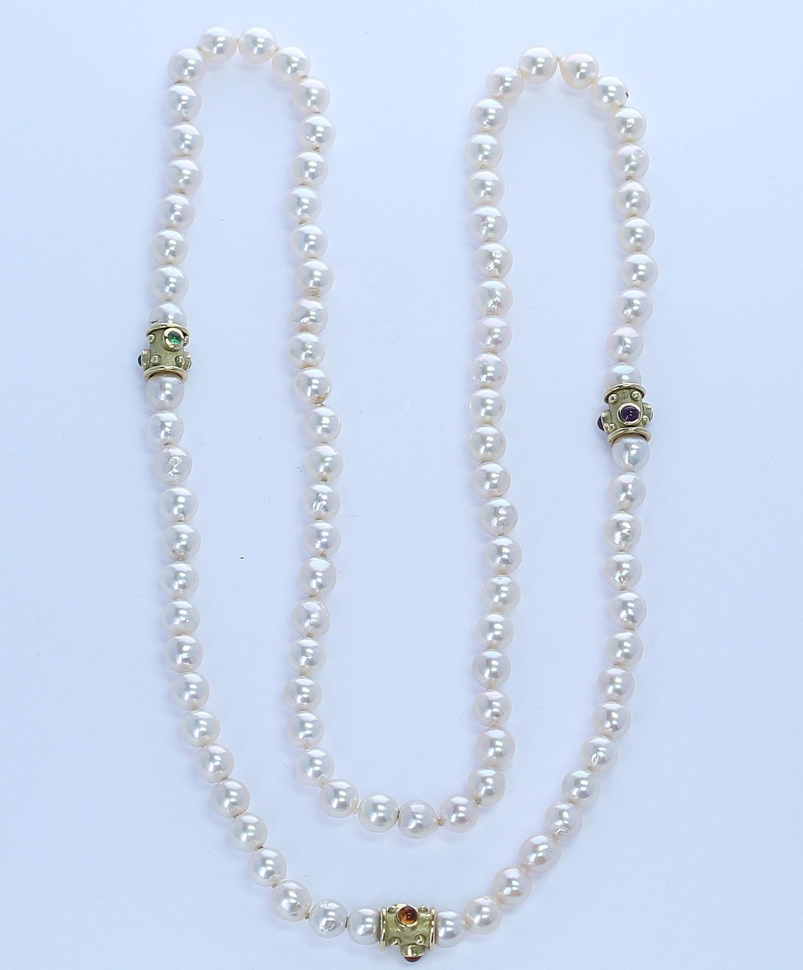 Perlina Collana di perle con cabochon d'oro e peridoto, citrino e ametista in vendita