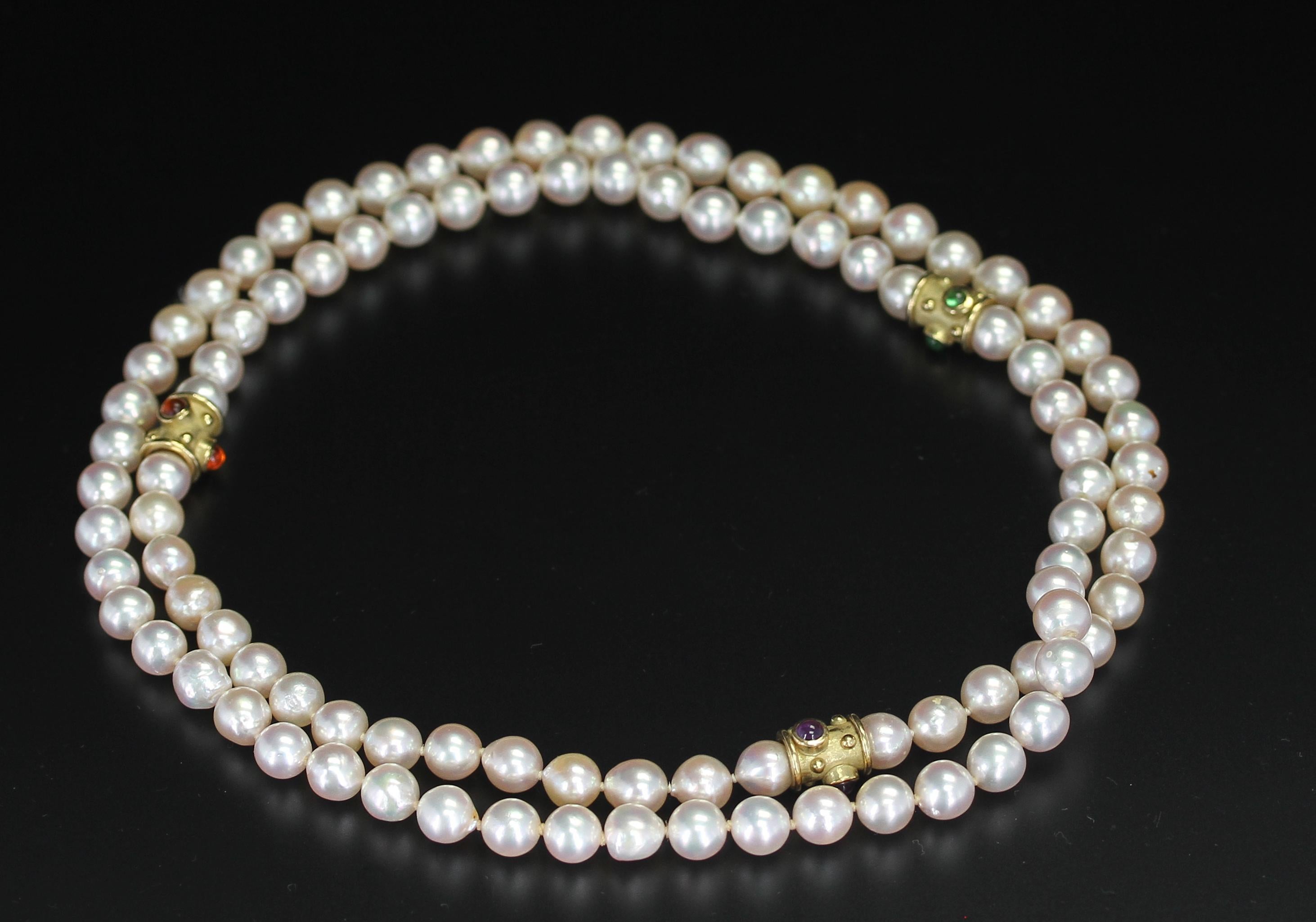 Perlenkette mit Gold und Peridot, Citrin und Amethyst-Cabochons für Damen oder Herren im Angebot