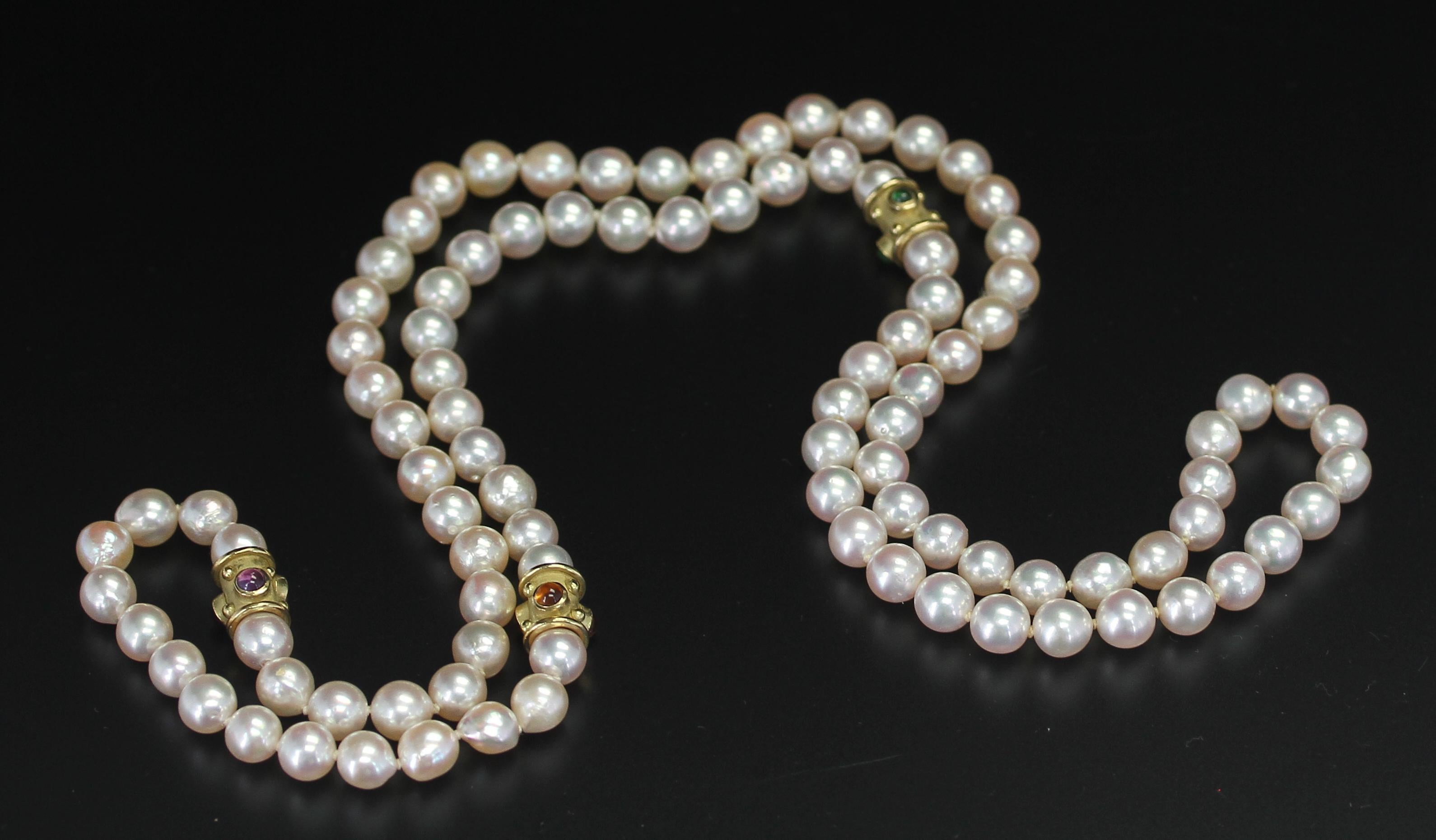 Perlenkette mit Gold und Peridot, Citrin und Amethyst-Cabochons im Angebot 1