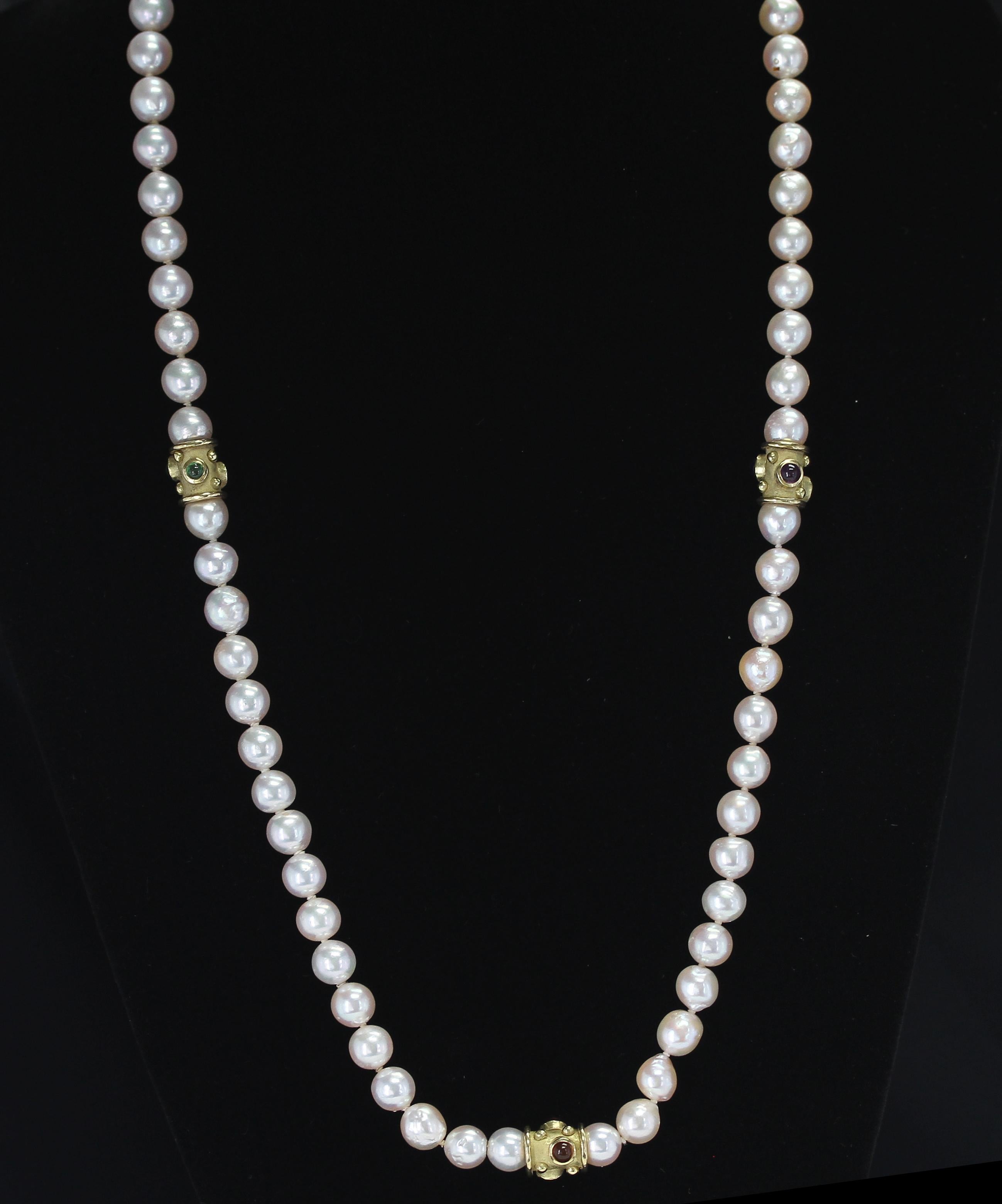 Bead Pearl Necklace with Gold and Peridot, Citrine, and Amethyst Cabochons For Sale