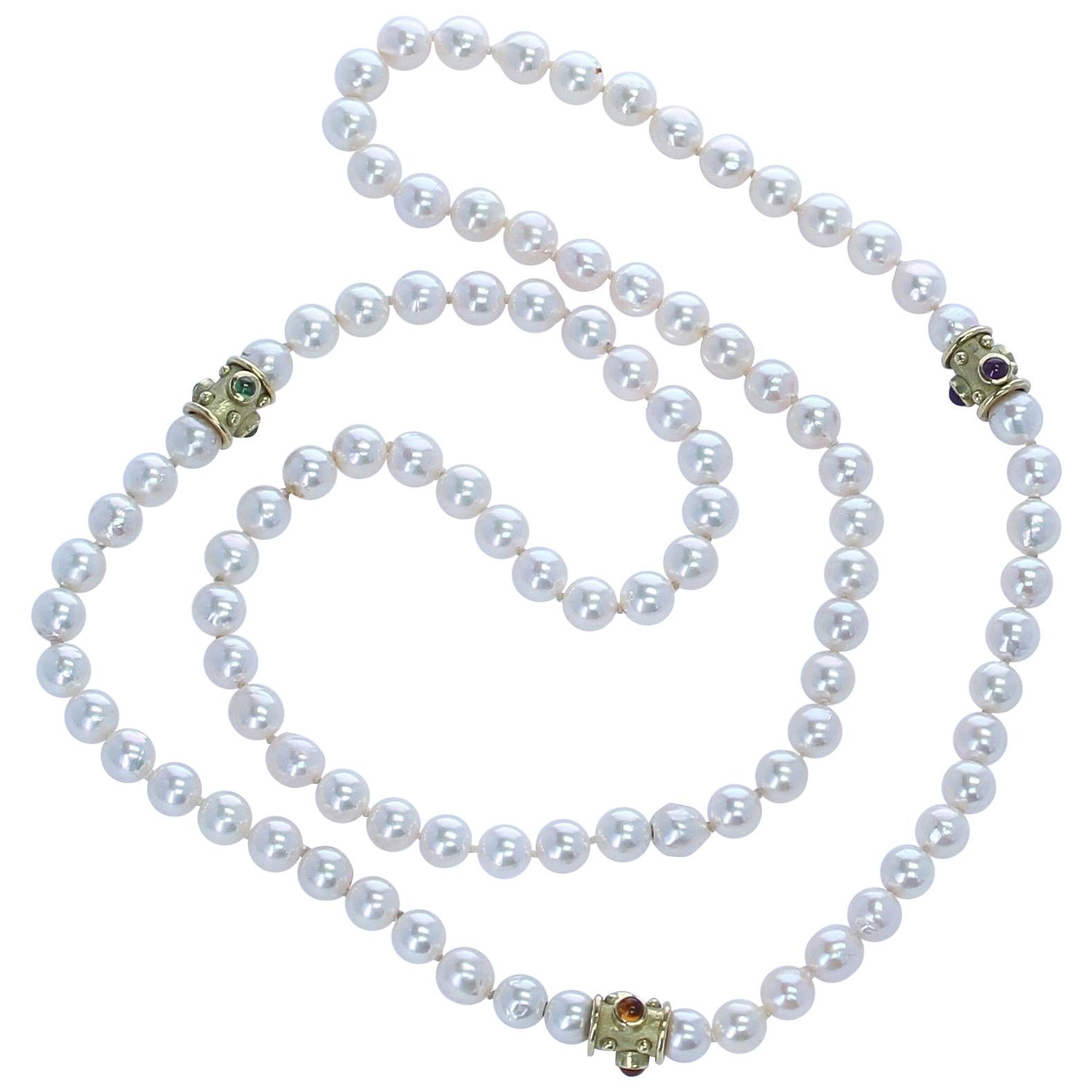 Pearl Necklace with Gold and Peridot, Citrine, and Amethyst Cabochons For Sale