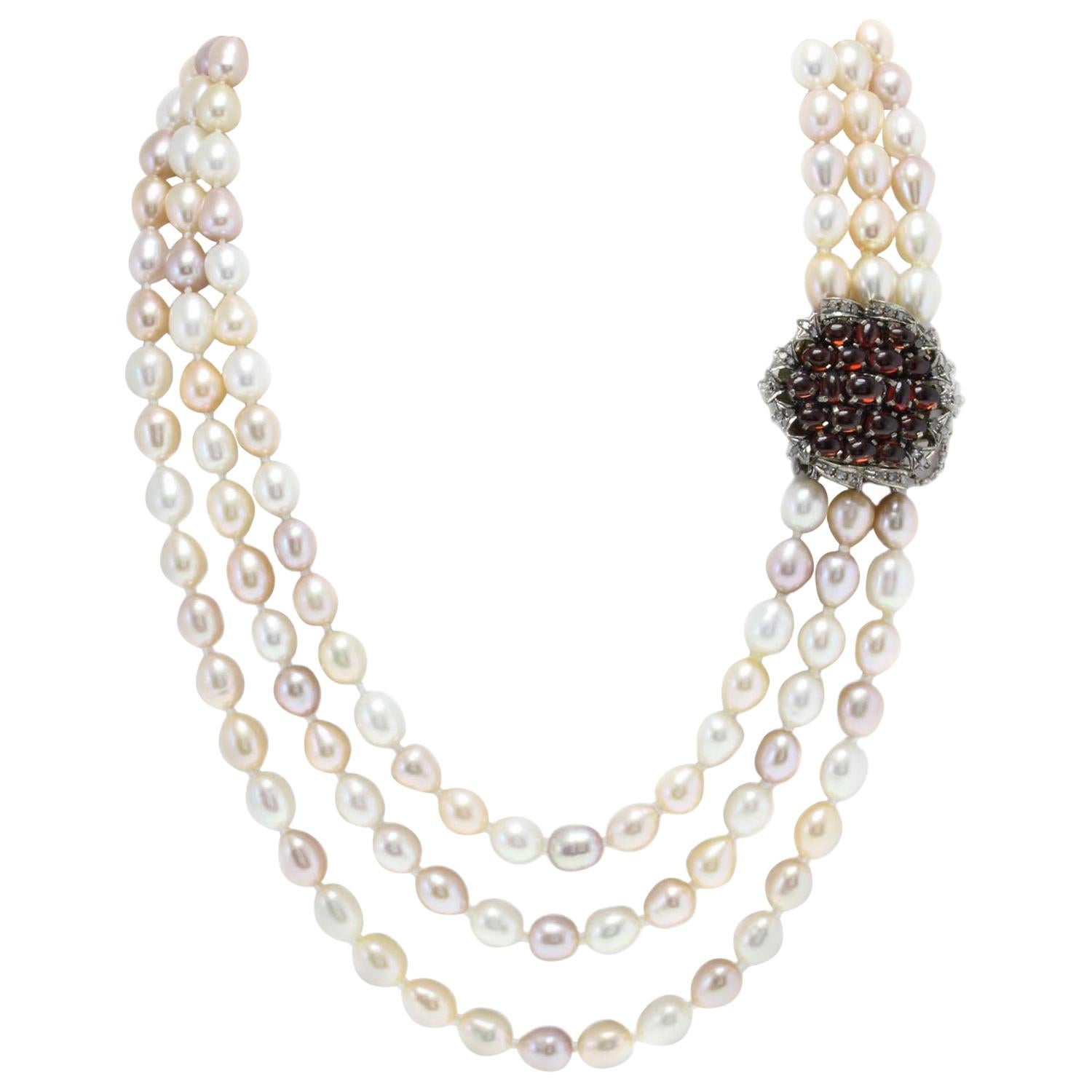 Pearl Necklace with Gold and Silver Clasp For Sale
