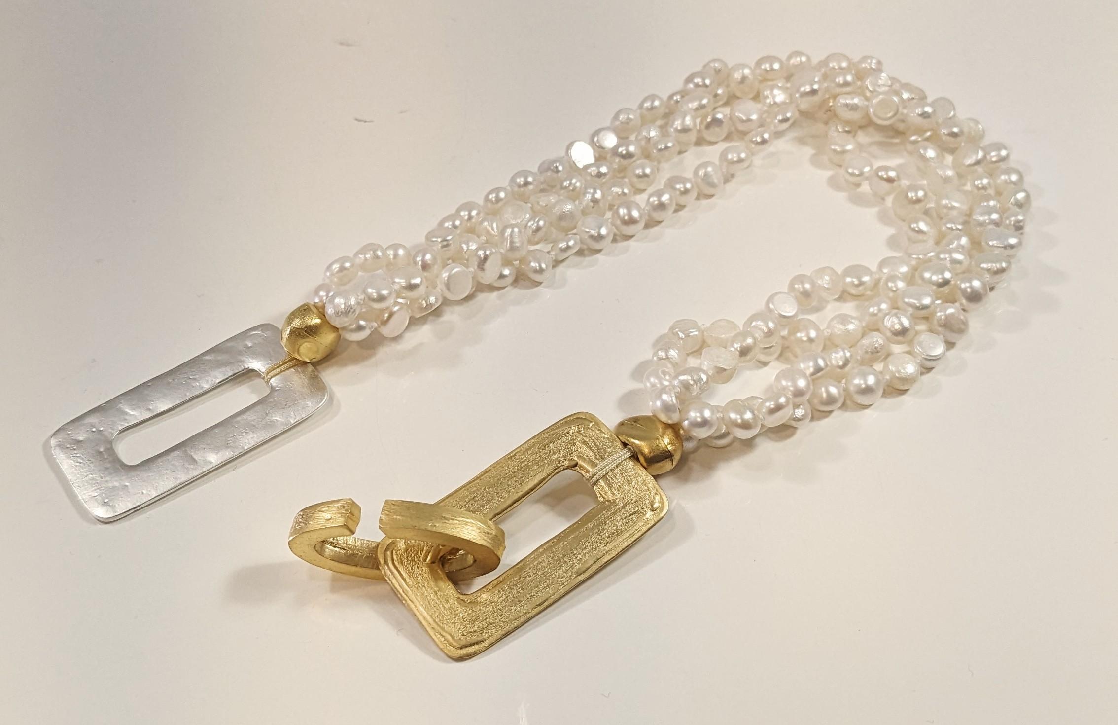 Contemporary  Pearl Necklace with Gold and Silver Plated Rectangles and exclusive Closure For Sale