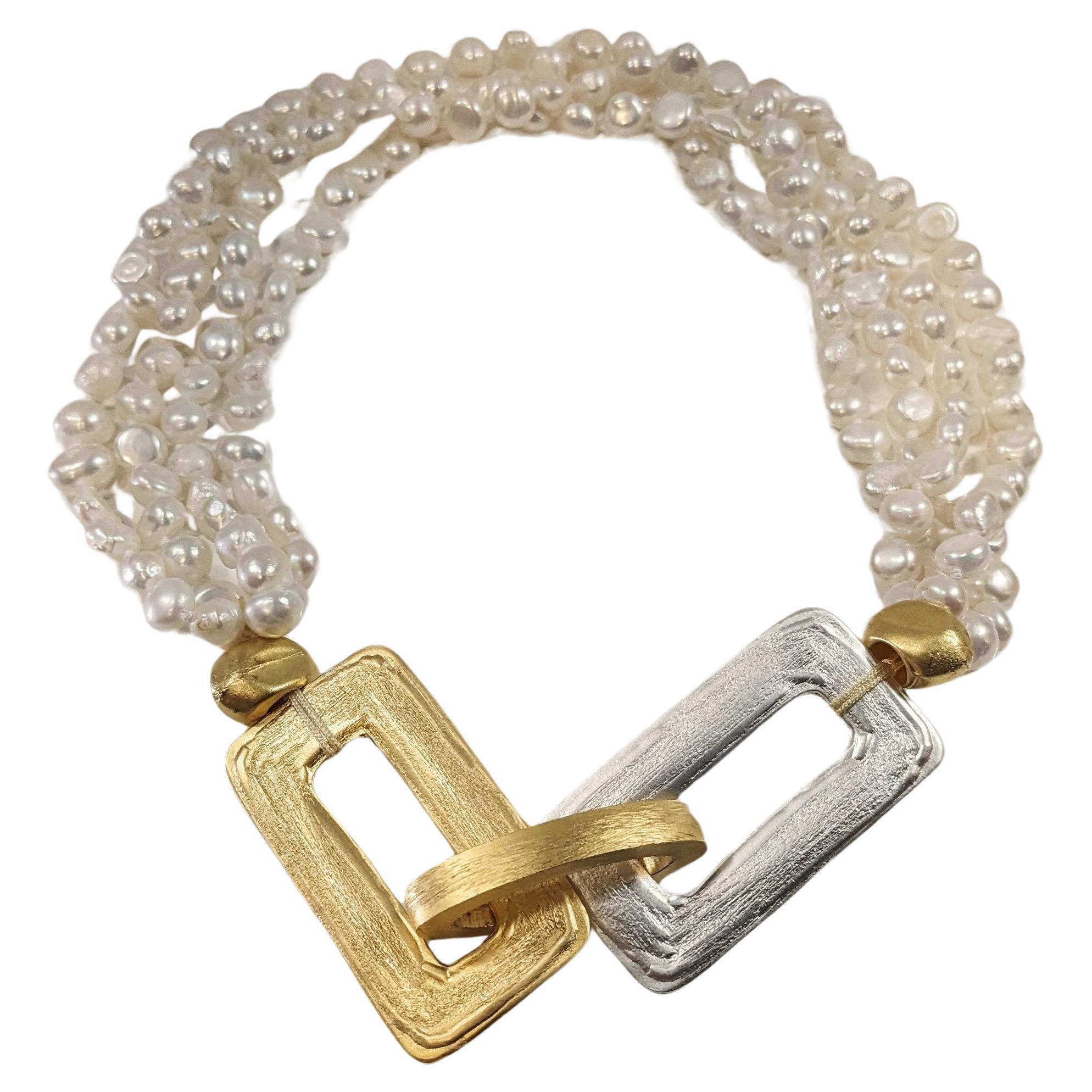  Pearl Necklace with Gold and Silver Plated Rectangles and exclusive Closure For Sale