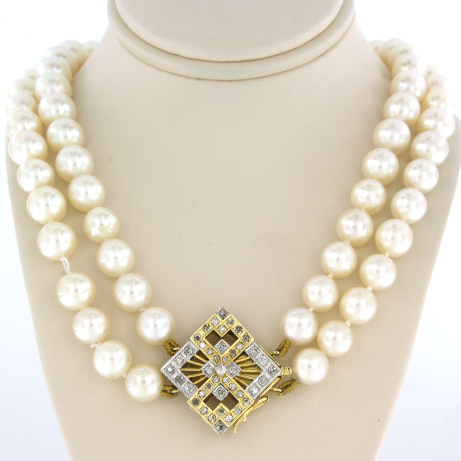 14k bicolor gold lock set with single cut diamonds up to . 0.80ct - G/H - VS/SI - on a 2-strand pearl necklace - 43 cm long

detailed description:

The pearl necklace is 43 cm long, with bicolour 14k gold clasp

dimensions of the lock are 2.5 cm by