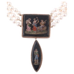 Pearl Necklace With Gold & Micro Mosaic Pendant