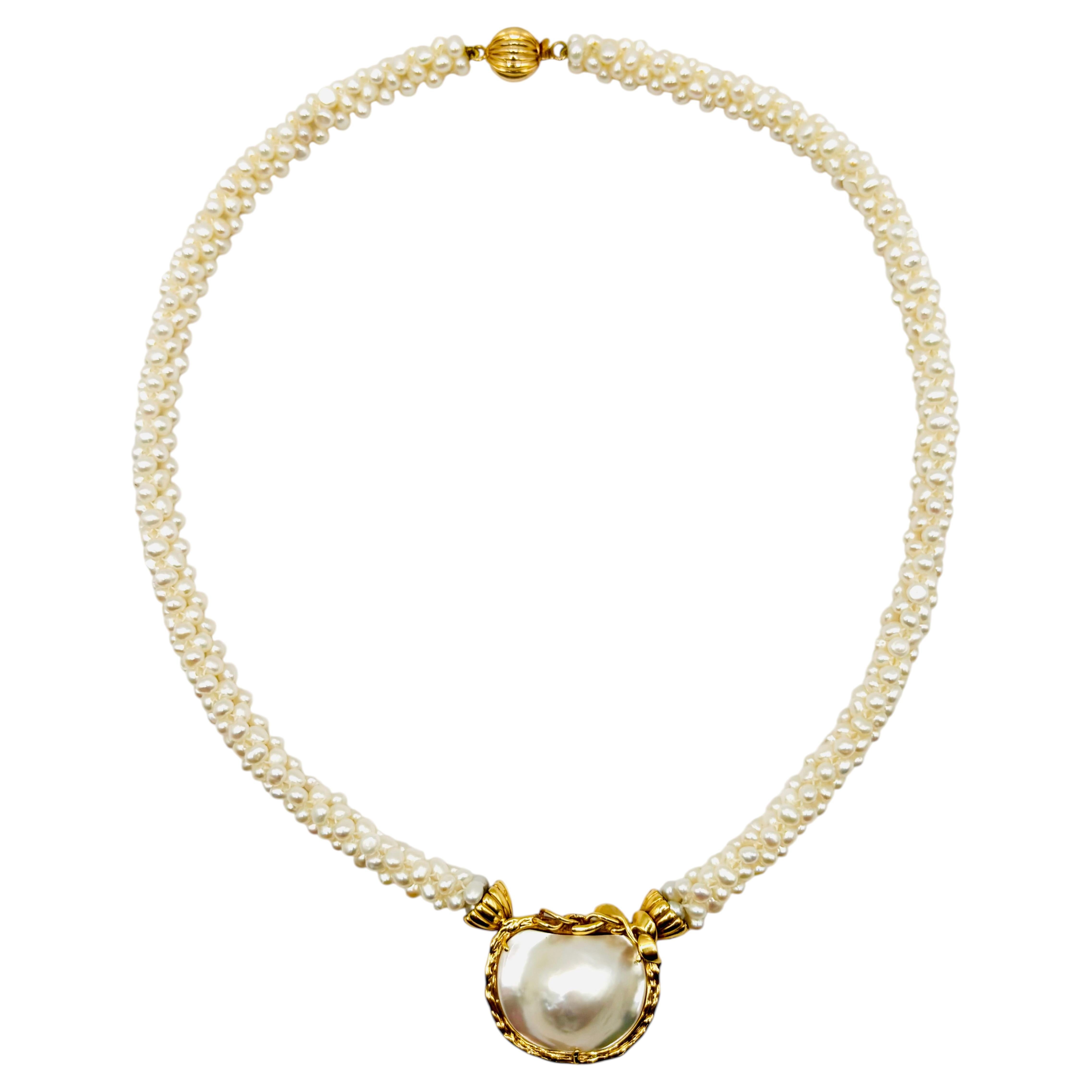 Collana vintage con perle d'acqua dolce e madreperla a più fili, in oro 14 carati