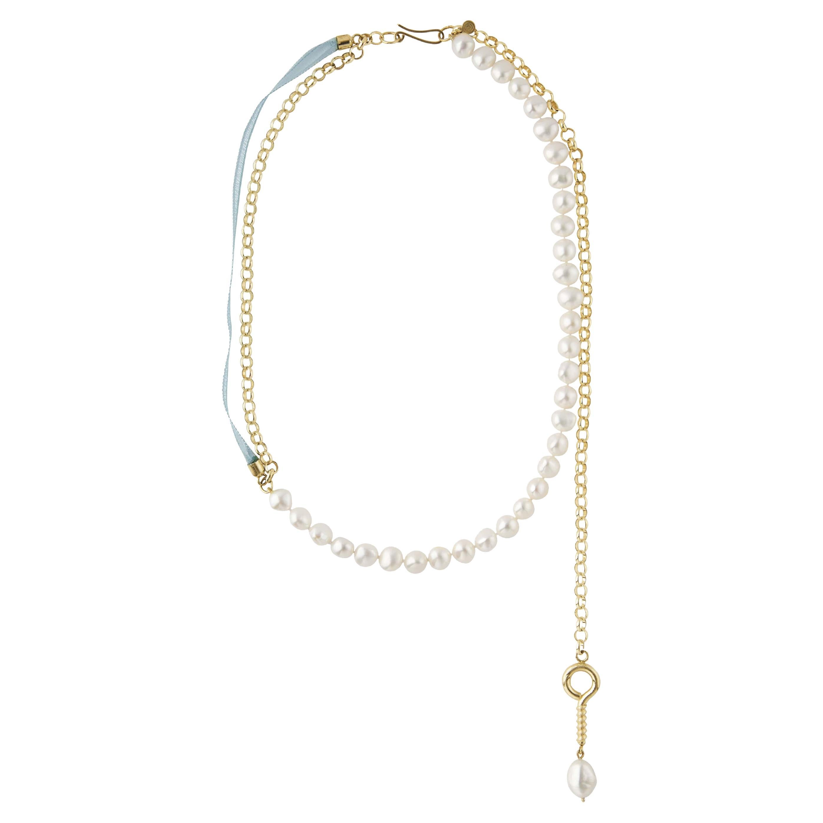 Silver Necklace with Green Ribbons and Hanging Freshwater Pearl For