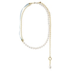 Pearl Necklace with Gold Plated Silver Chain, Blue Ribbon and Hanging Eye Hook