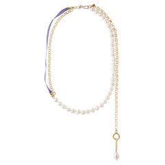 Pearl Necklace with Gold Plated Silver Chain, Purple Ribbon and Hanging Eye Hook