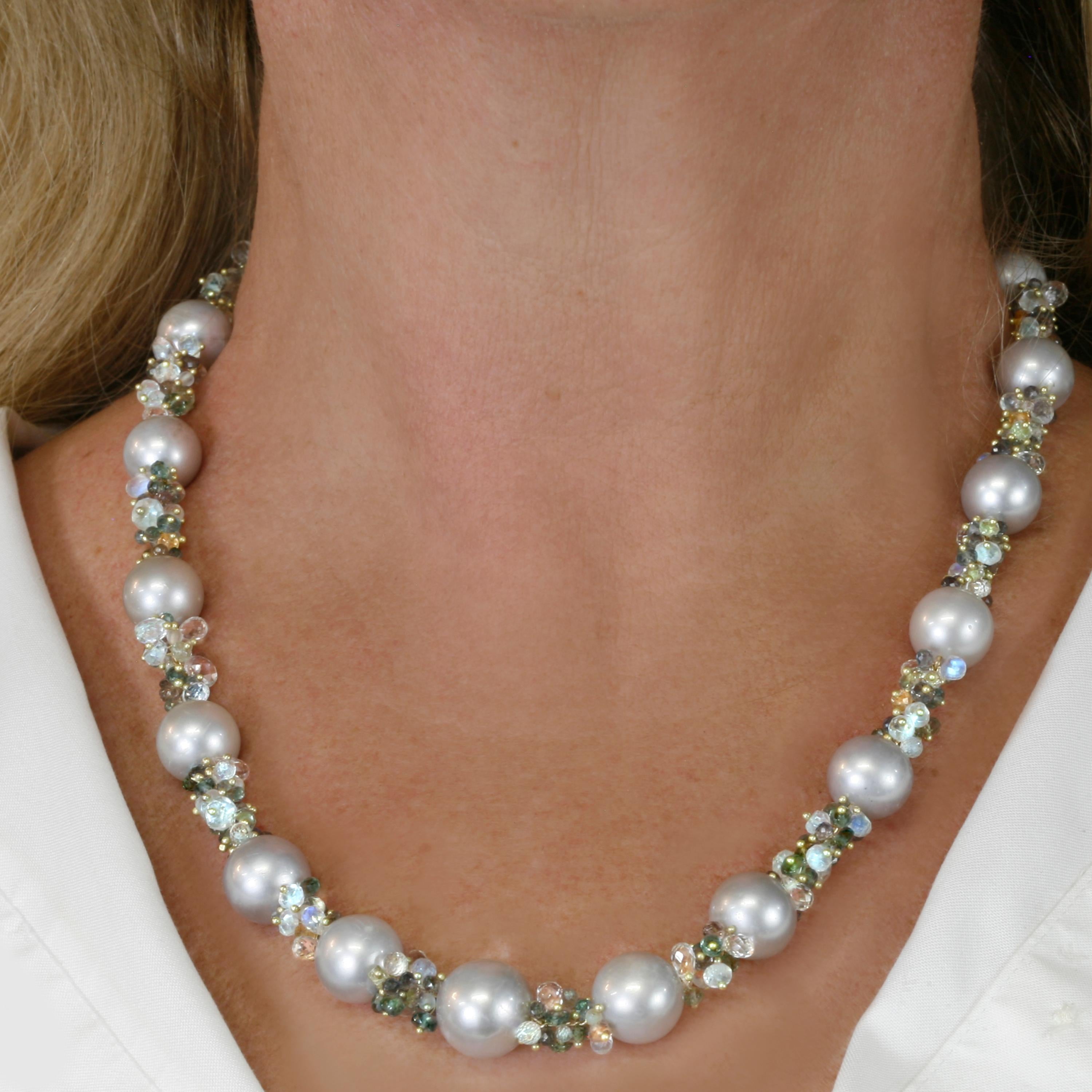 Artisan Pearl Necklace with Grey Pearls, Faceted Gemstone Beads in 18k Diana Kim England For Sale