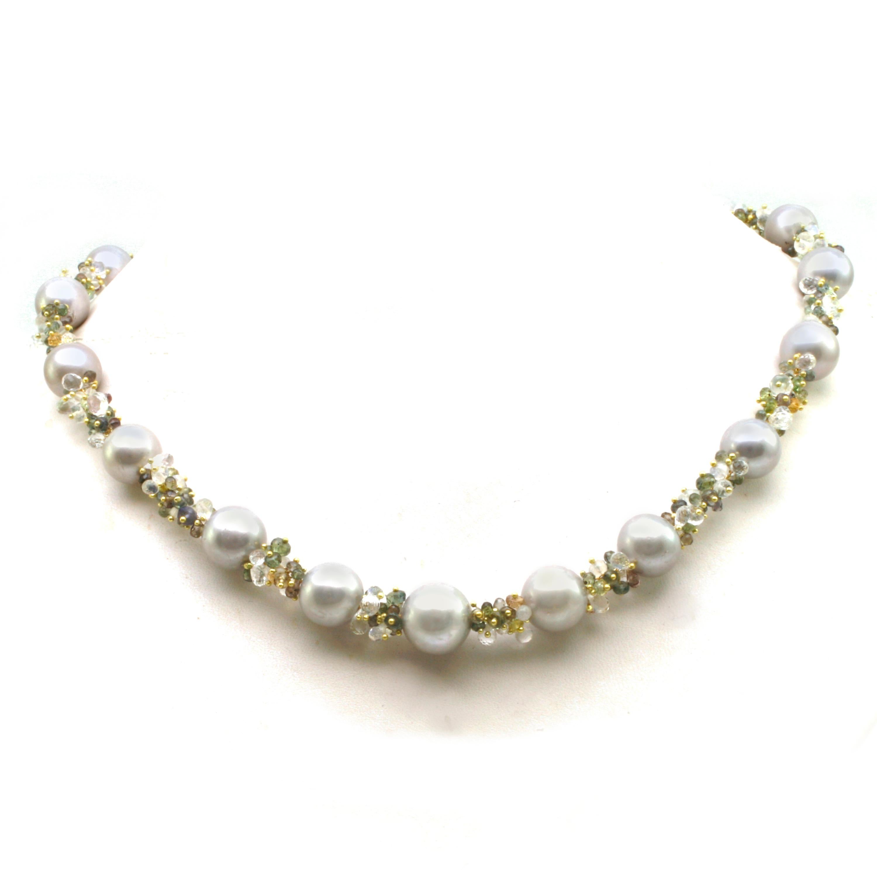 Women's or Men's Pearl Necklace with Grey Pearls, Faceted Gemstone Beads in 18k Diana Kim England For Sale
