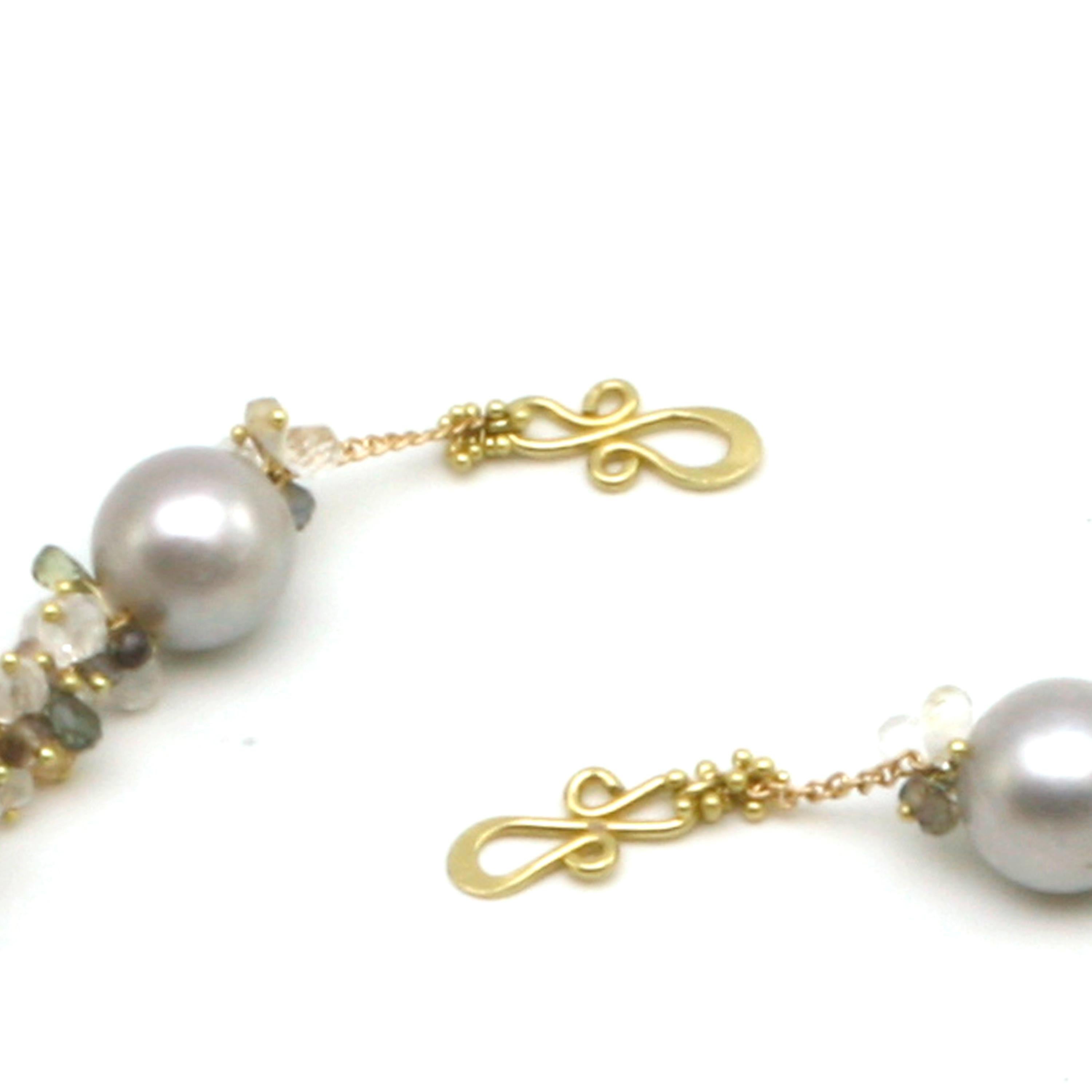 Pearl Necklace with Grey Pearls, Faceted Gemstone Beads in 18k Diana Kim England For Sale 1