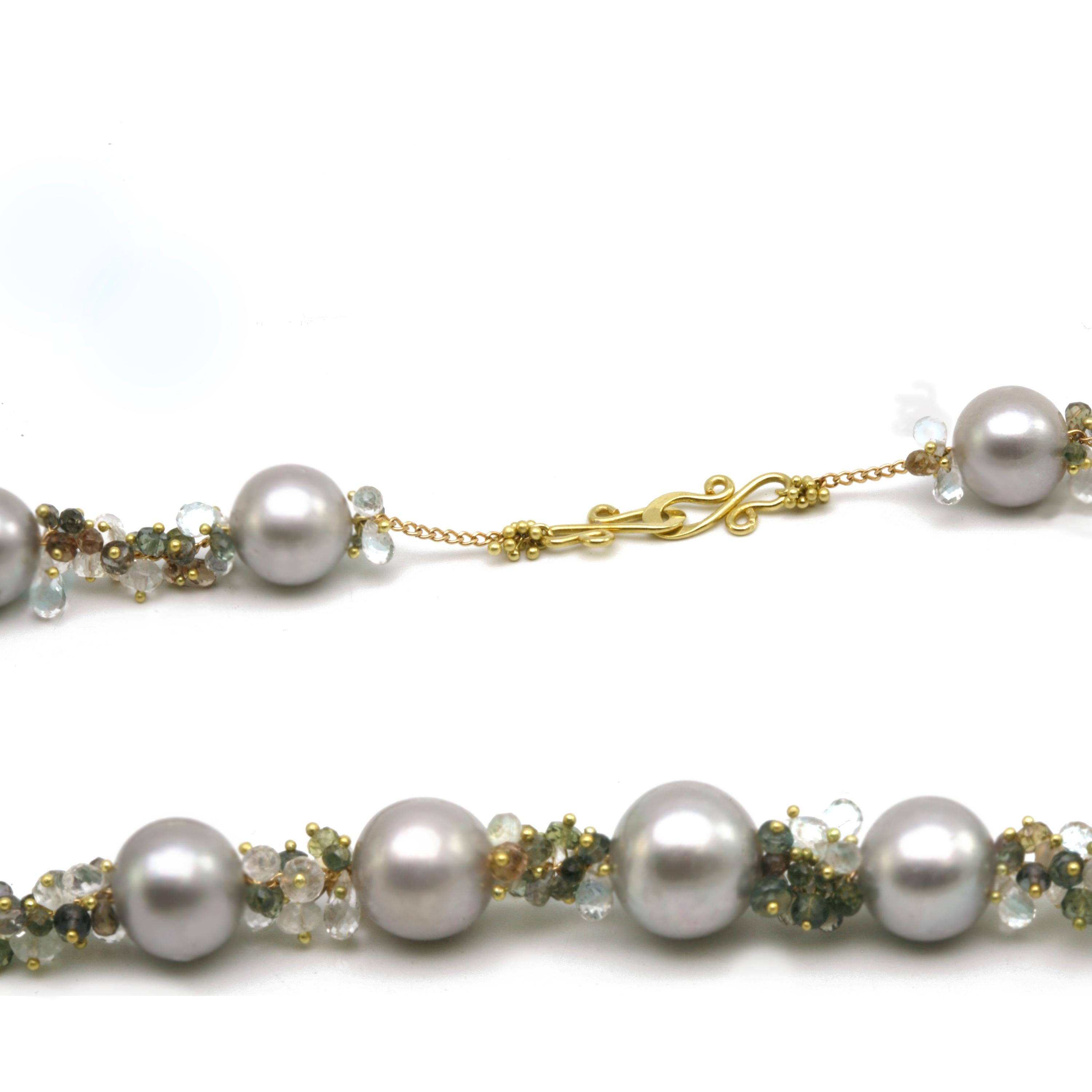 Pearl Necklace with Grey Pearls, Faceted Gemstone Beads in 18k Diana Kim England For Sale 2