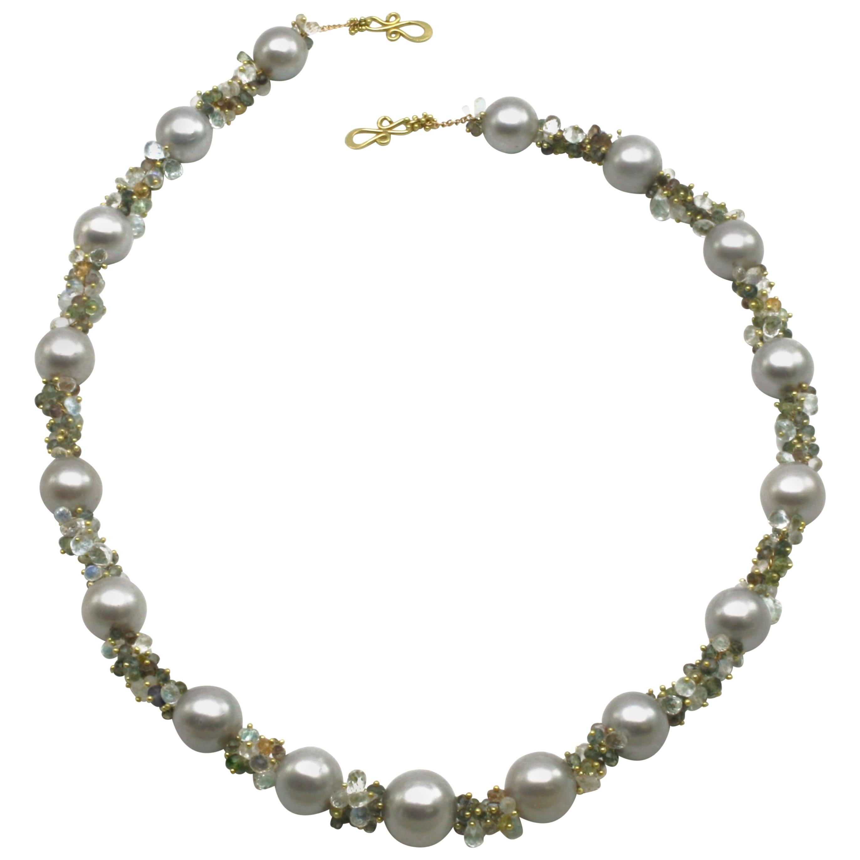 Pearl Necklace with Grey Pearls, Faceted Gemstone Beads in 18k Diana Kim England For Sale