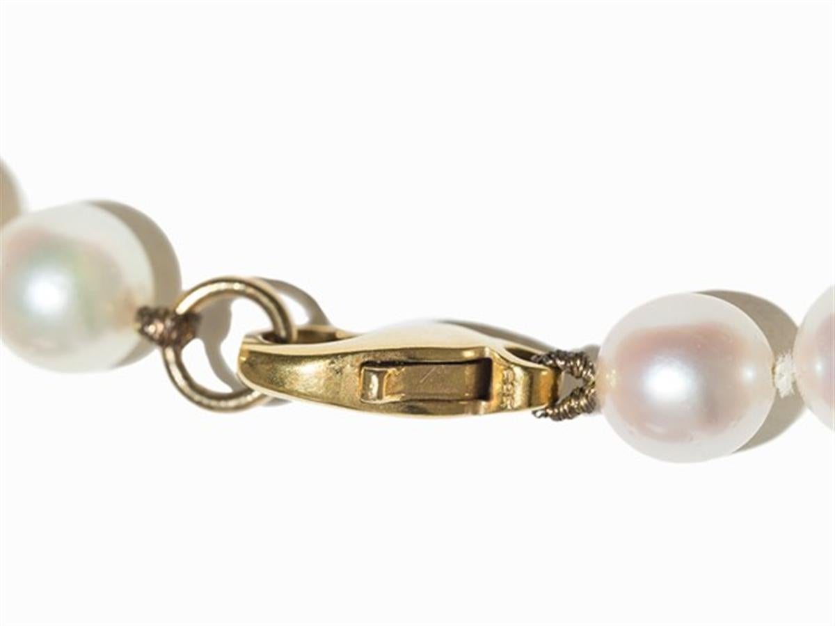 Jugendstil Pearl Necklace with Heart Pendant, Set with Diamonds, 14 Karat Gold
