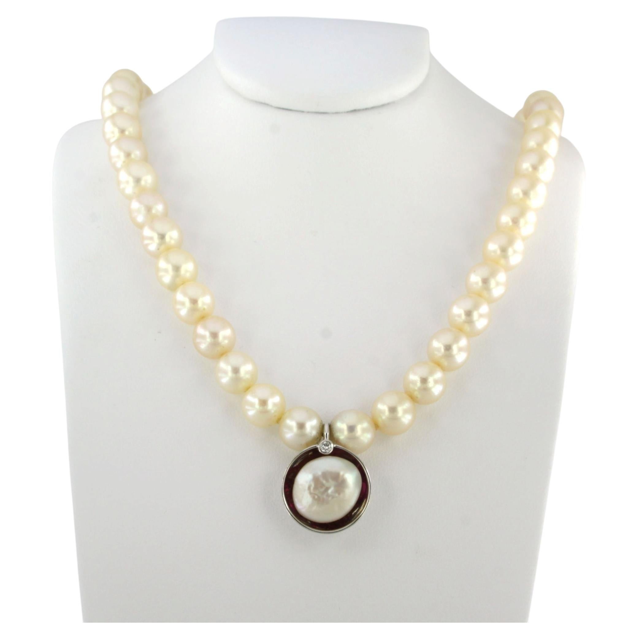 KERN Pearl necklace with ruby and brilliant cut diamonds up to 0.80ct 18k gold For Sale