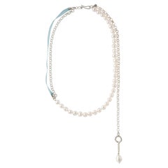 Pearl Necklace with Silver Chain, Blue Ribbon and Hanging Silver Eye Hook