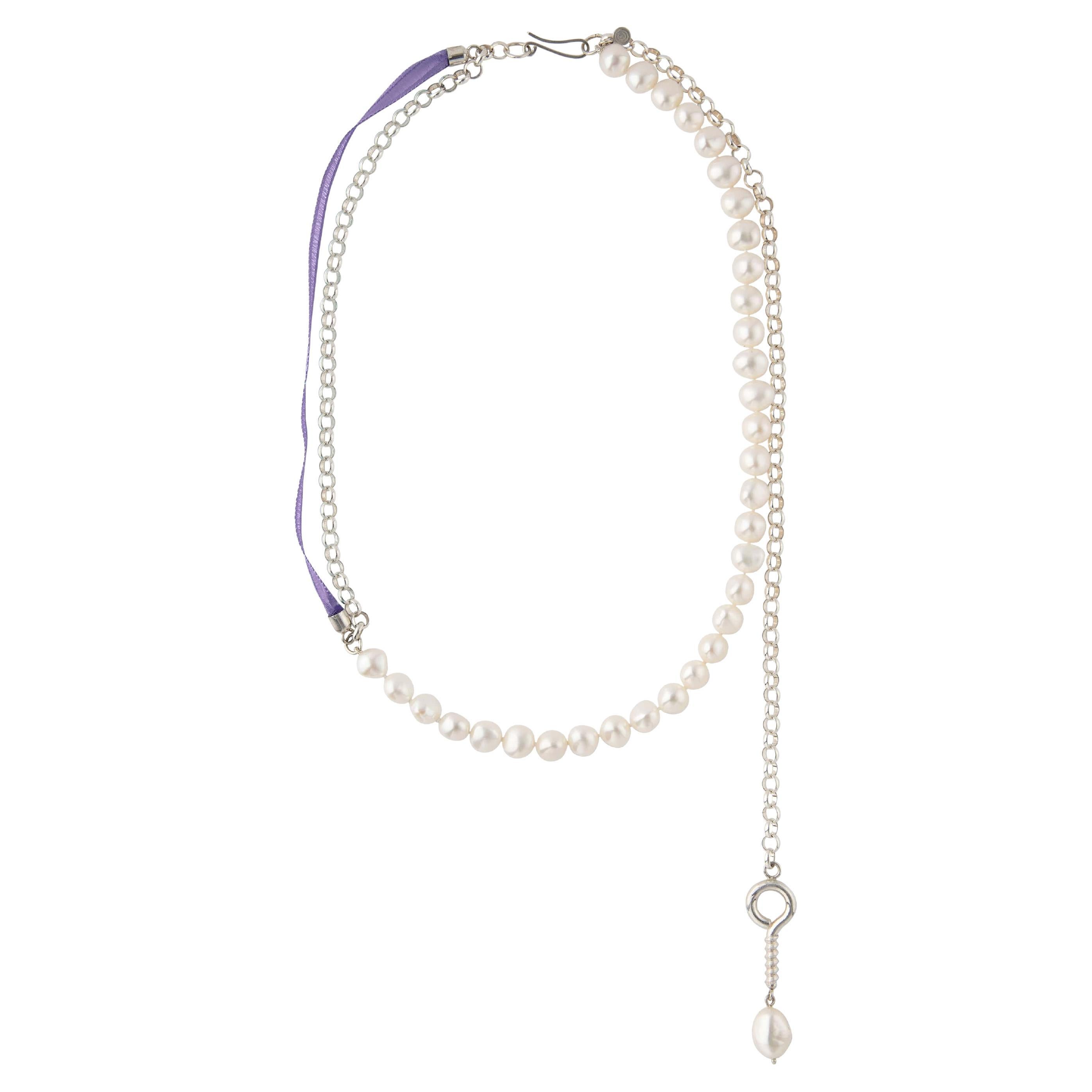 Silver Necklace with Green Ribbons and Hanging Freshwater Pearl For