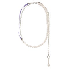 Pearl Necklace with Silver Chain, Purple Ribbon and Hanging Silver Eye Hook