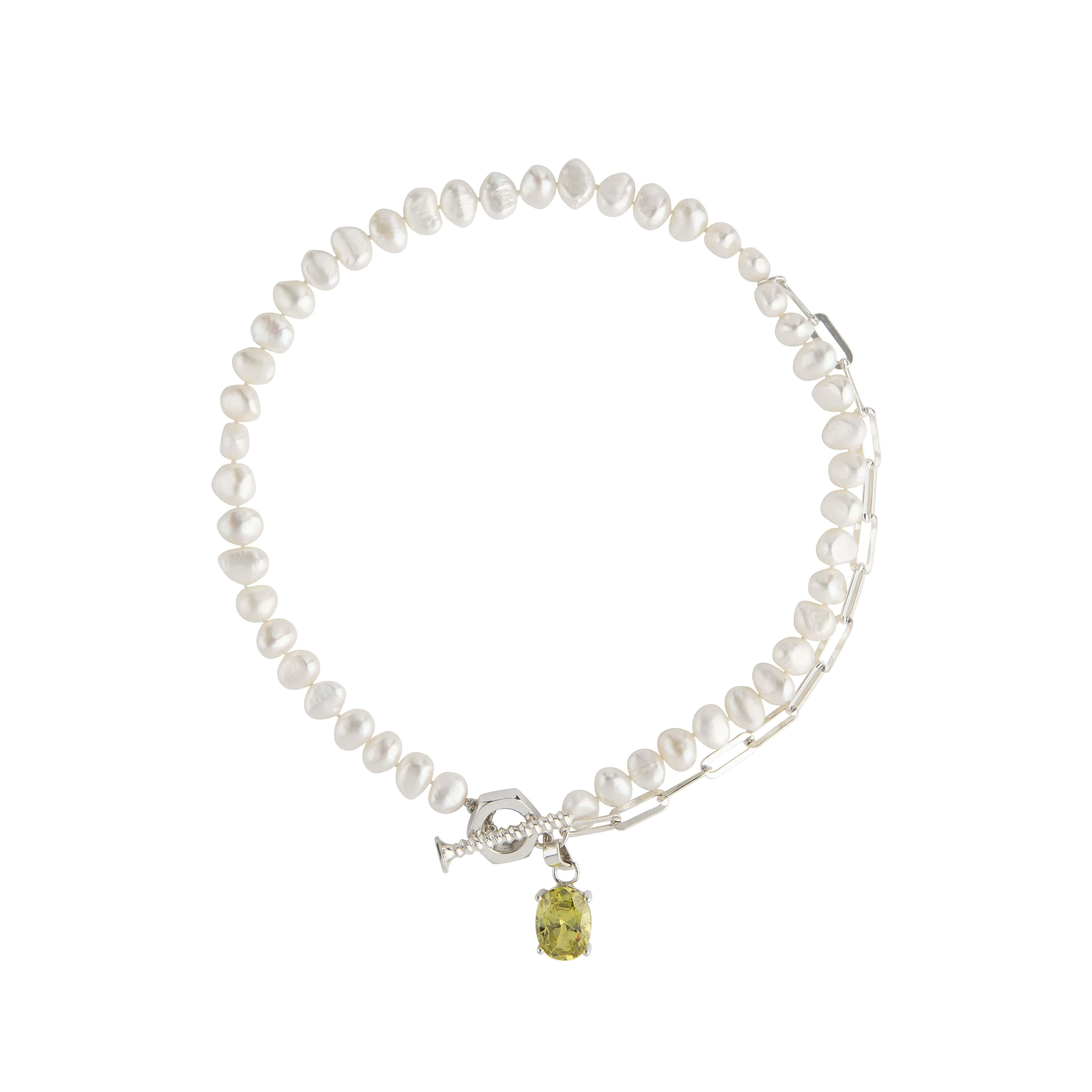 Pearl Necklace with Sterling Silver Chain and Big Peridot Zirconia Stone For Sale