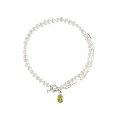 Pearl Necklace with Sterling Silver Chain and Big Peridot Zirconia Stone