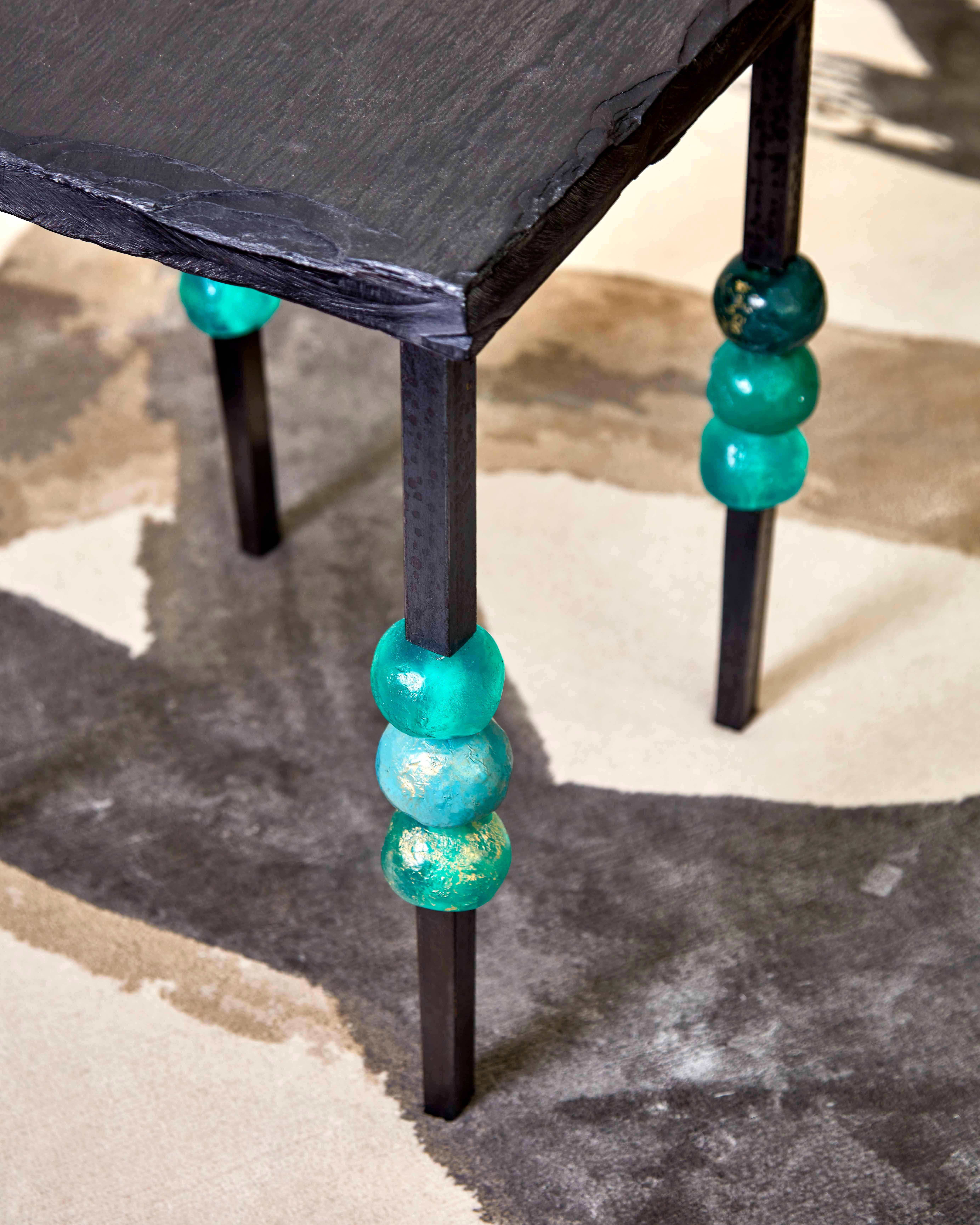 Modern European Contemporary Side Table, Green Details, Slate by Margit Wittig