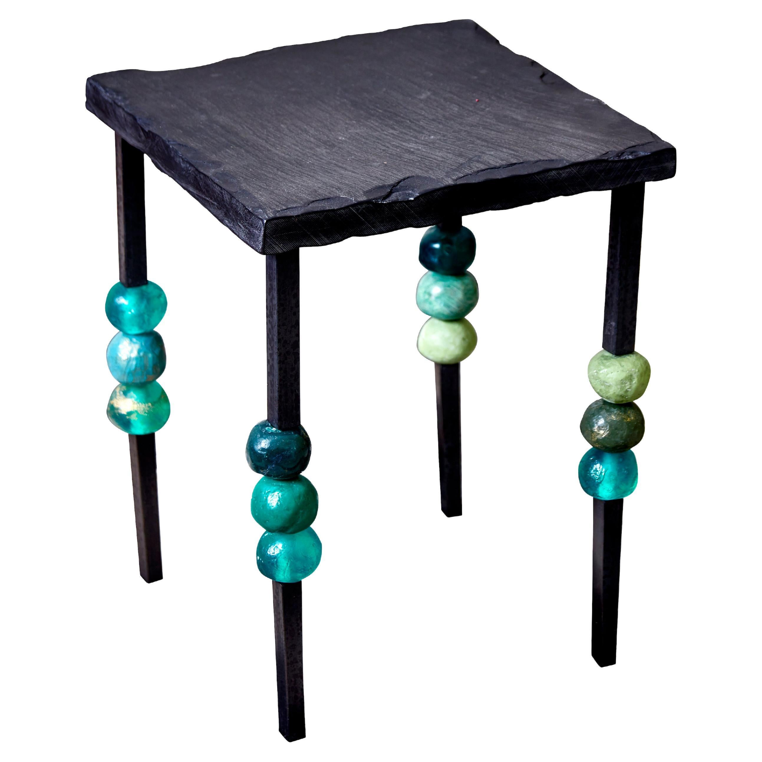 European Contemporary Side Table, Green Details, Slate by Margit Wittig