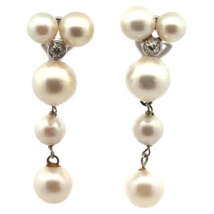 Pearl Old Mine Cut Diamond 14 Karat White Gold Drop Earclip Earrings