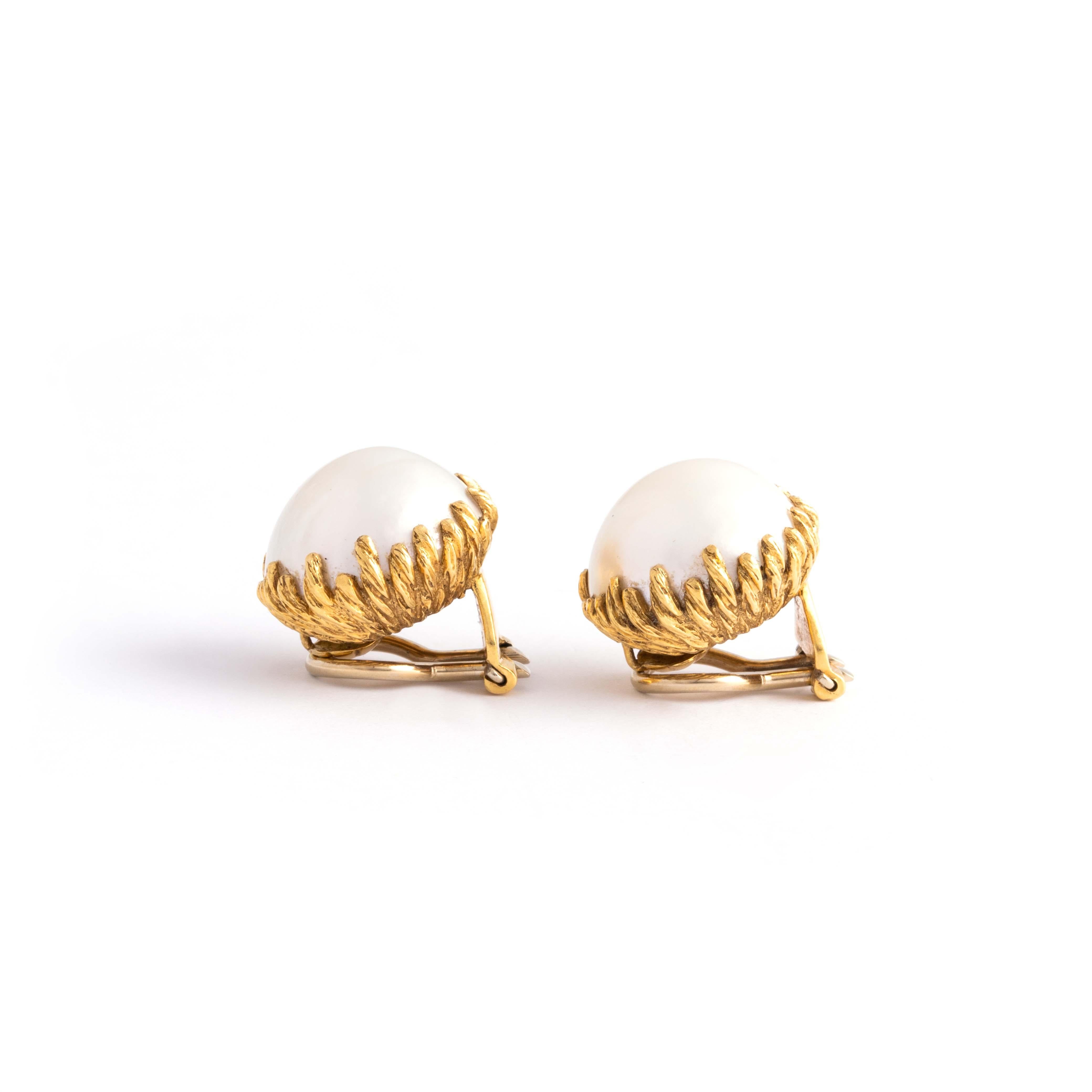 Round Cut Pearl on 18K Yellow Gold Earrings For Sale