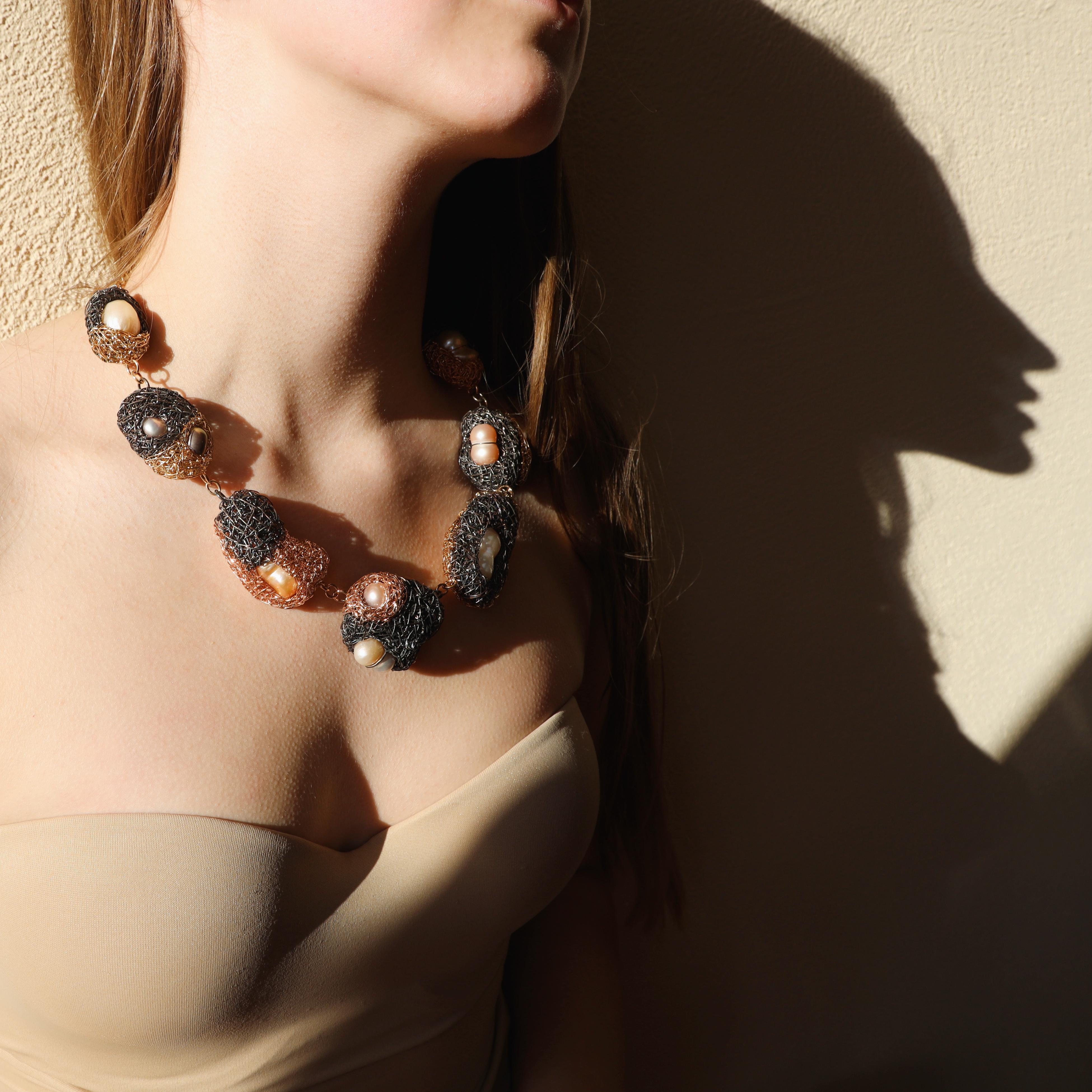 Women's Pearl One-off Statement Necklace combined in different materials by the Artist For Sale