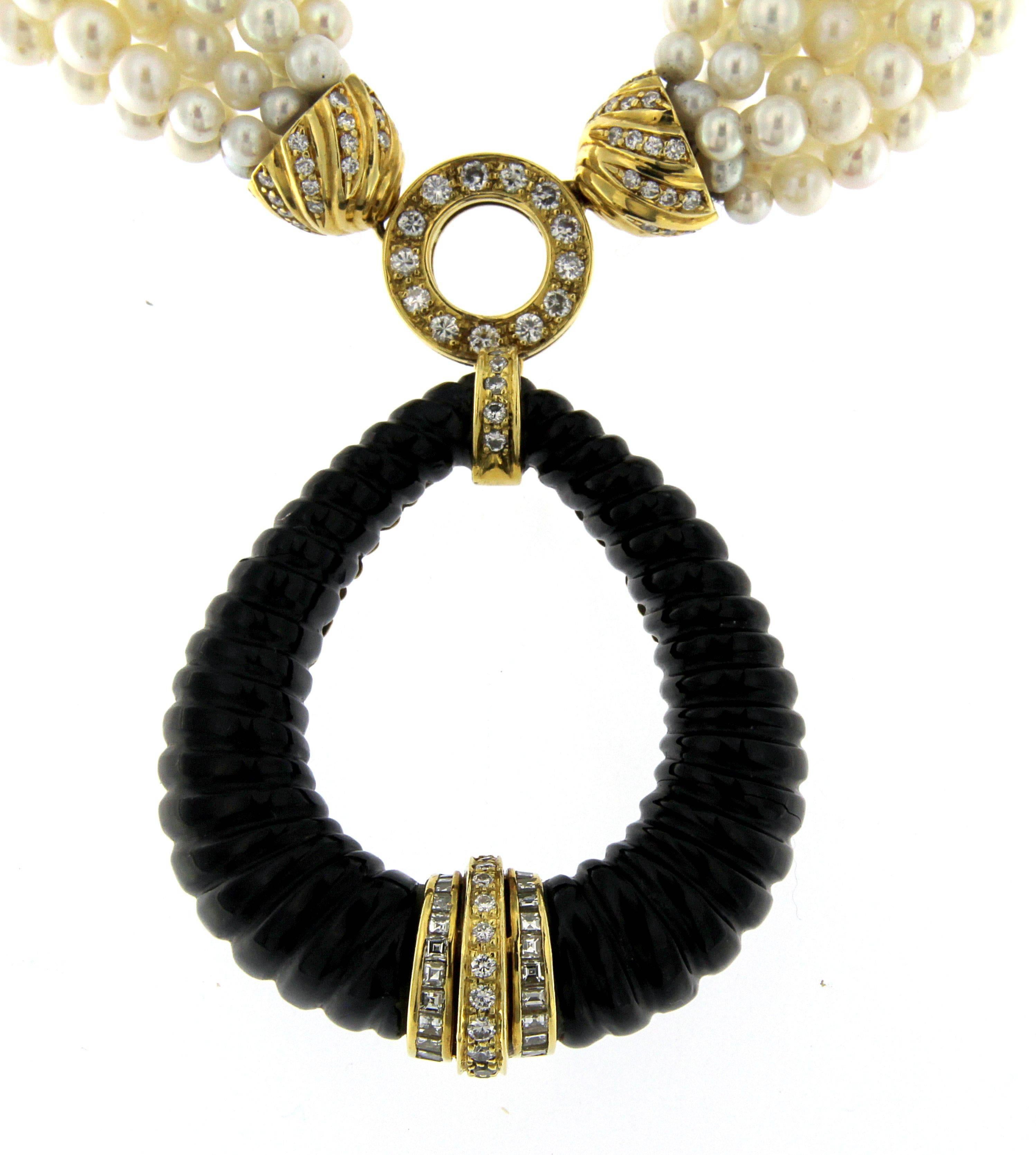 Very sophisticated necklace original from the 60's.
White degrading south see pearls
cut onyx elements on a unique design
All linked by some yellow 18 kt gold enriched elements
18 kt gold weight gr 87,40
Diamonds color HG clarity VVS1/2 ct 7,67
the