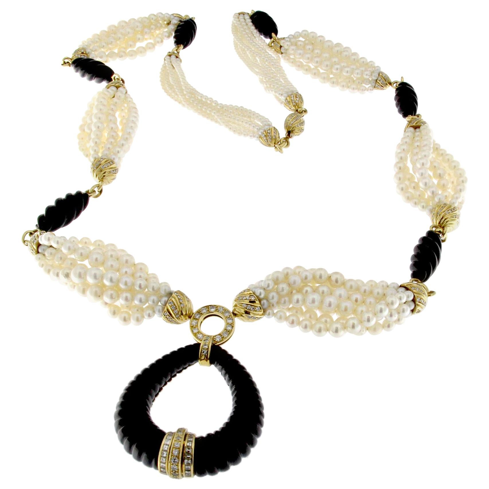Pearl, Onyx, and Diamond Bead Necklace in 18 Karat Yellow Gold For Sale