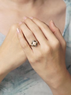 Pearl Onyx and Diamond Art Deco Style Engagement Ring in 14K Yellow Gold