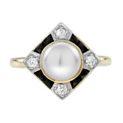 Pearl Onyx and Diamond Art Deco Style Engagement Ring in 14K Yellow Gold