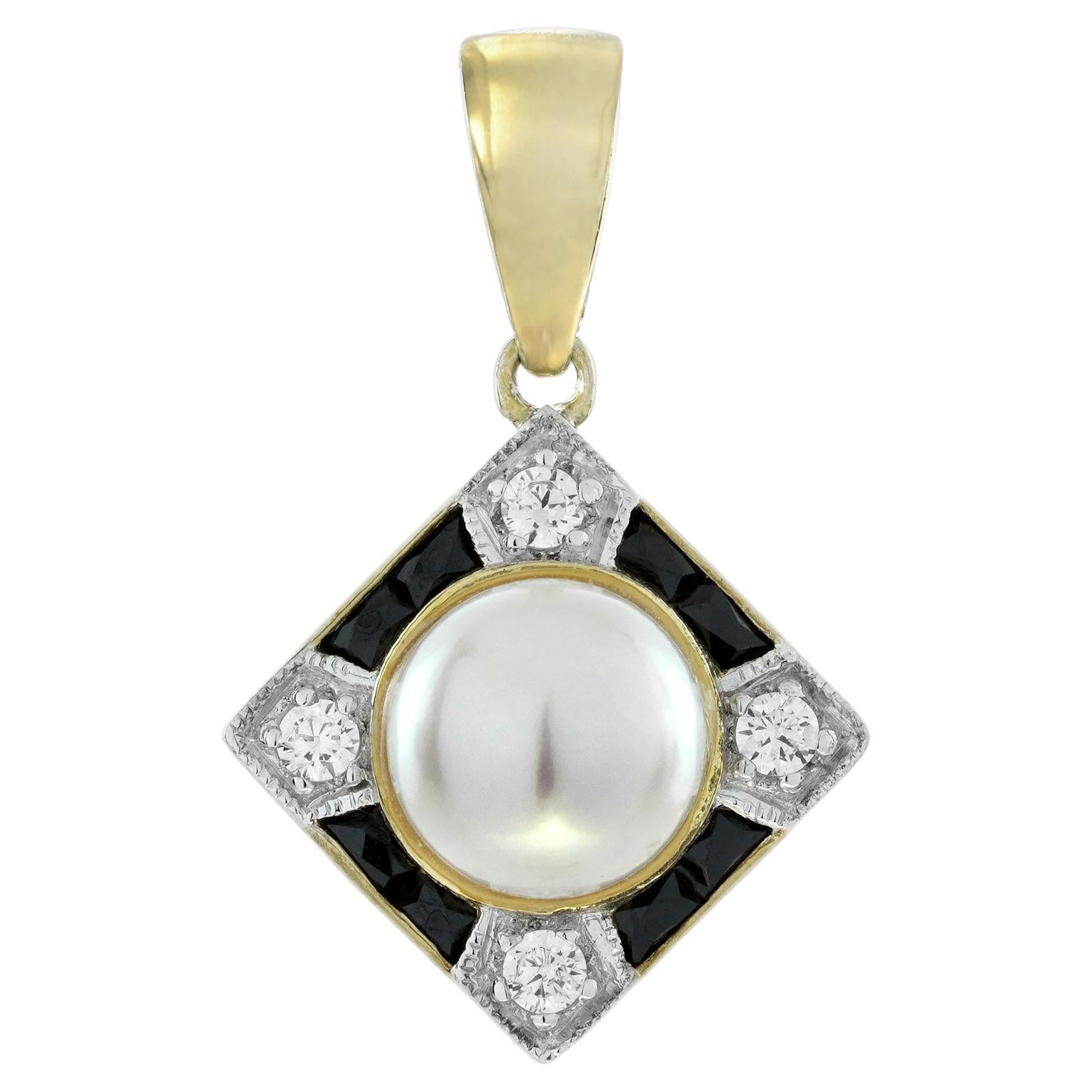 Ciondolo quadrato con perle, onice e diamanti in stile Art Déco in oro giallo 14 carati
