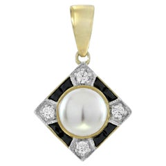 Pearl Onyx and Diamond Art Deco Style Square Pendant in 14K Yellow Gold